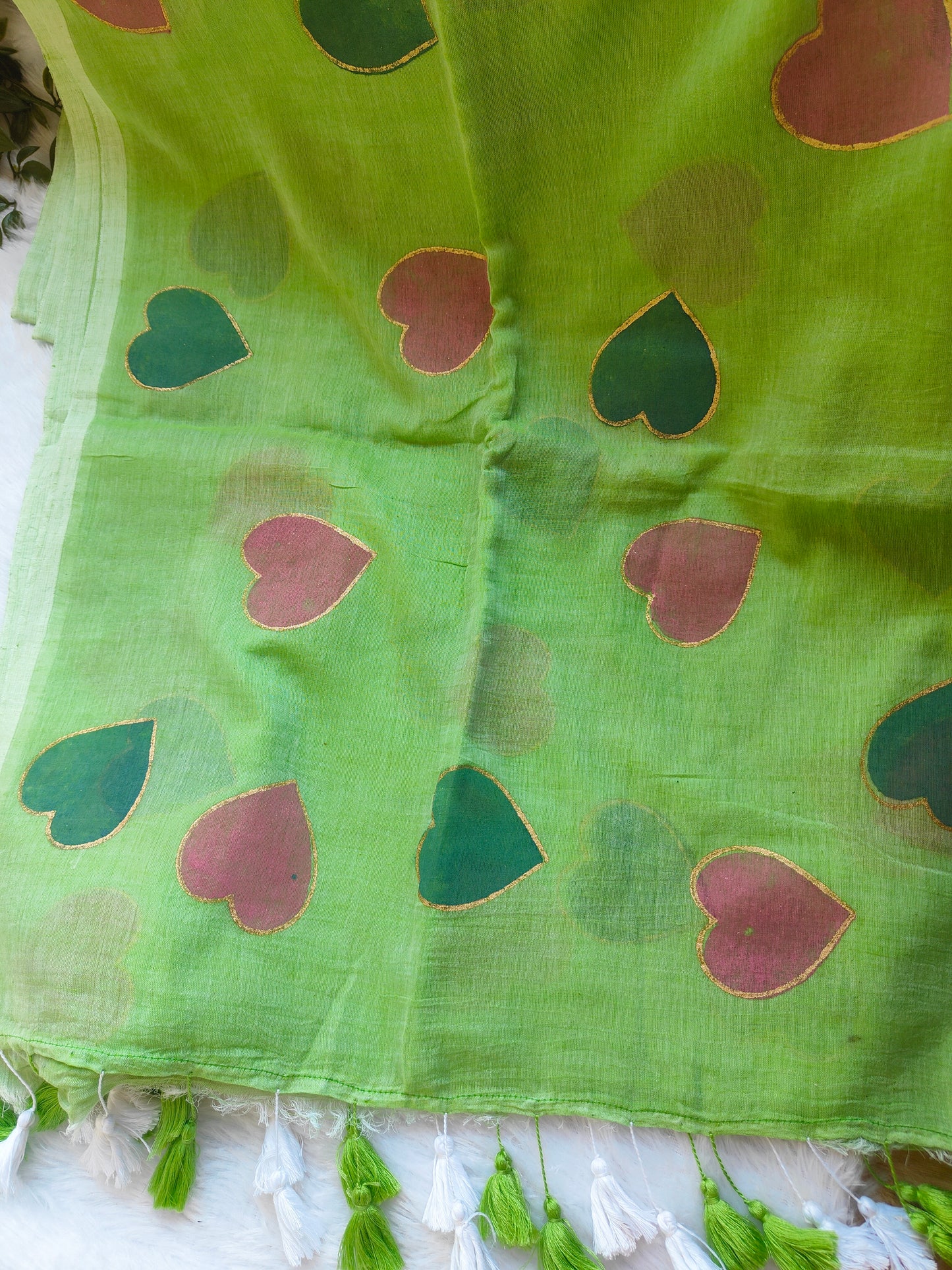 PISTA GREEN HEART MUL COTTON SAREE
