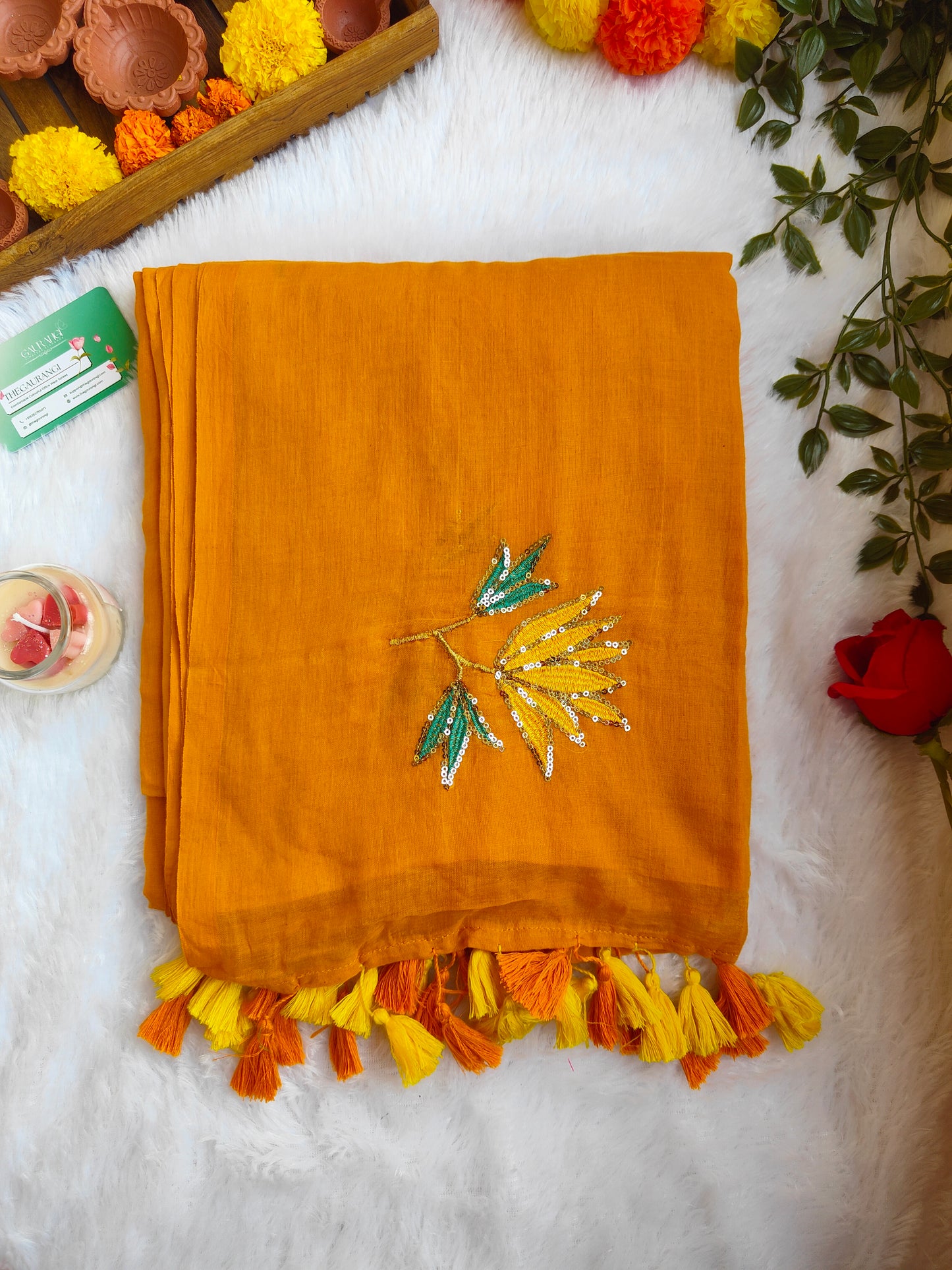 MUSTURD YELLOW LOTUS SITARA MUL COTTON SAREE