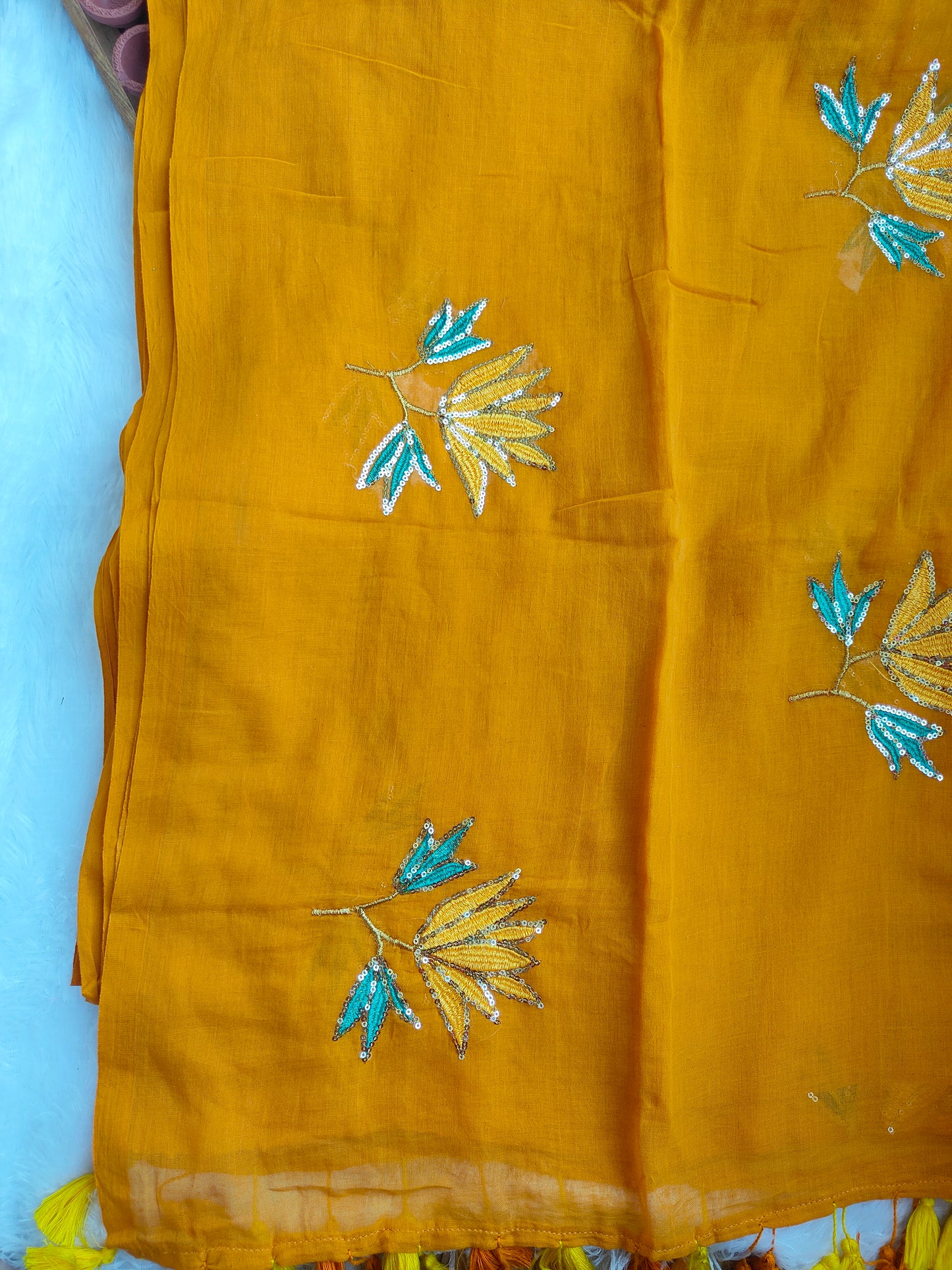 MUSTURD YELLOW LOTUS SITARA MUL COTTON SAREE