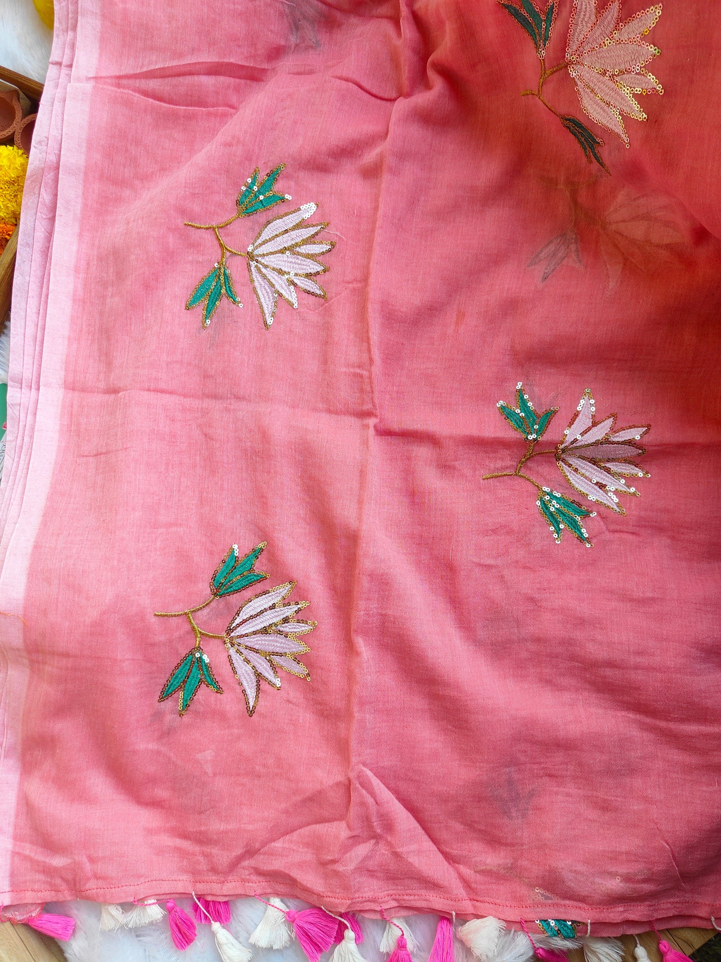 BABY PINK LOTUS SITARA MUL COTTON SAREE