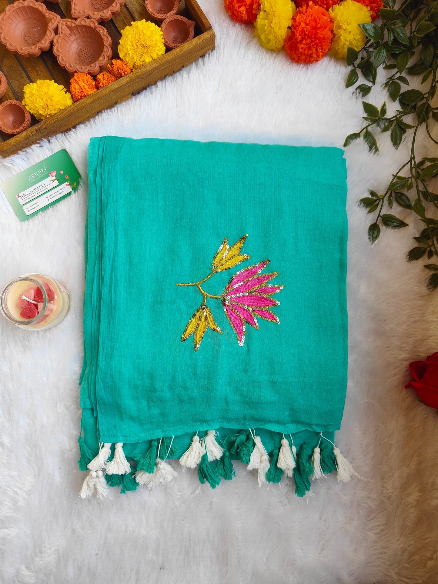 TORQUOISE LOTUS SITARA MUL COTTON SAREE