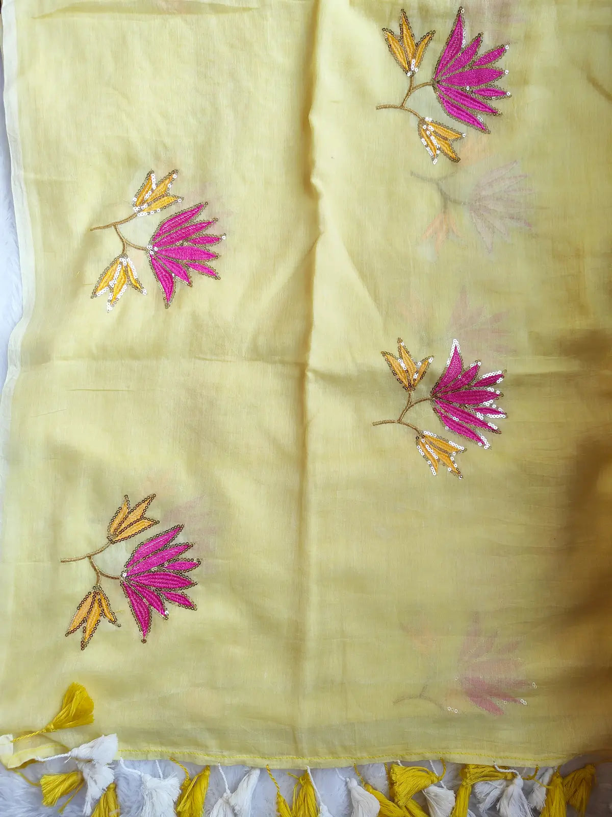 PASTAL YELLOW LOTUS SITARA MUL COTTON SAREE