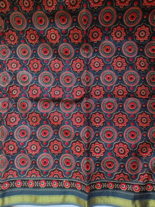 GREY AND RED AJRAKH CHANDERI COTTON SAREE