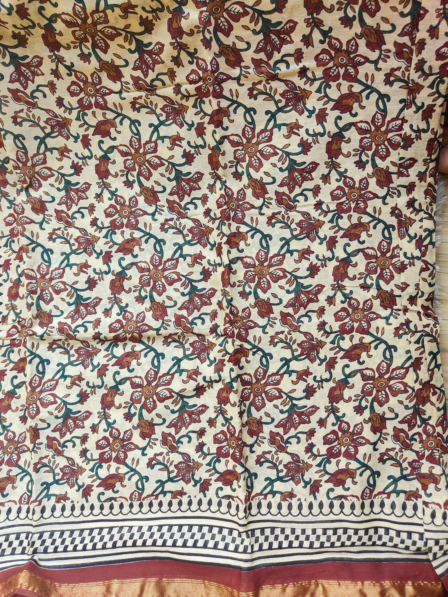 BEIGE AND RED AJRAKH CHANDERI COTTON SAREE