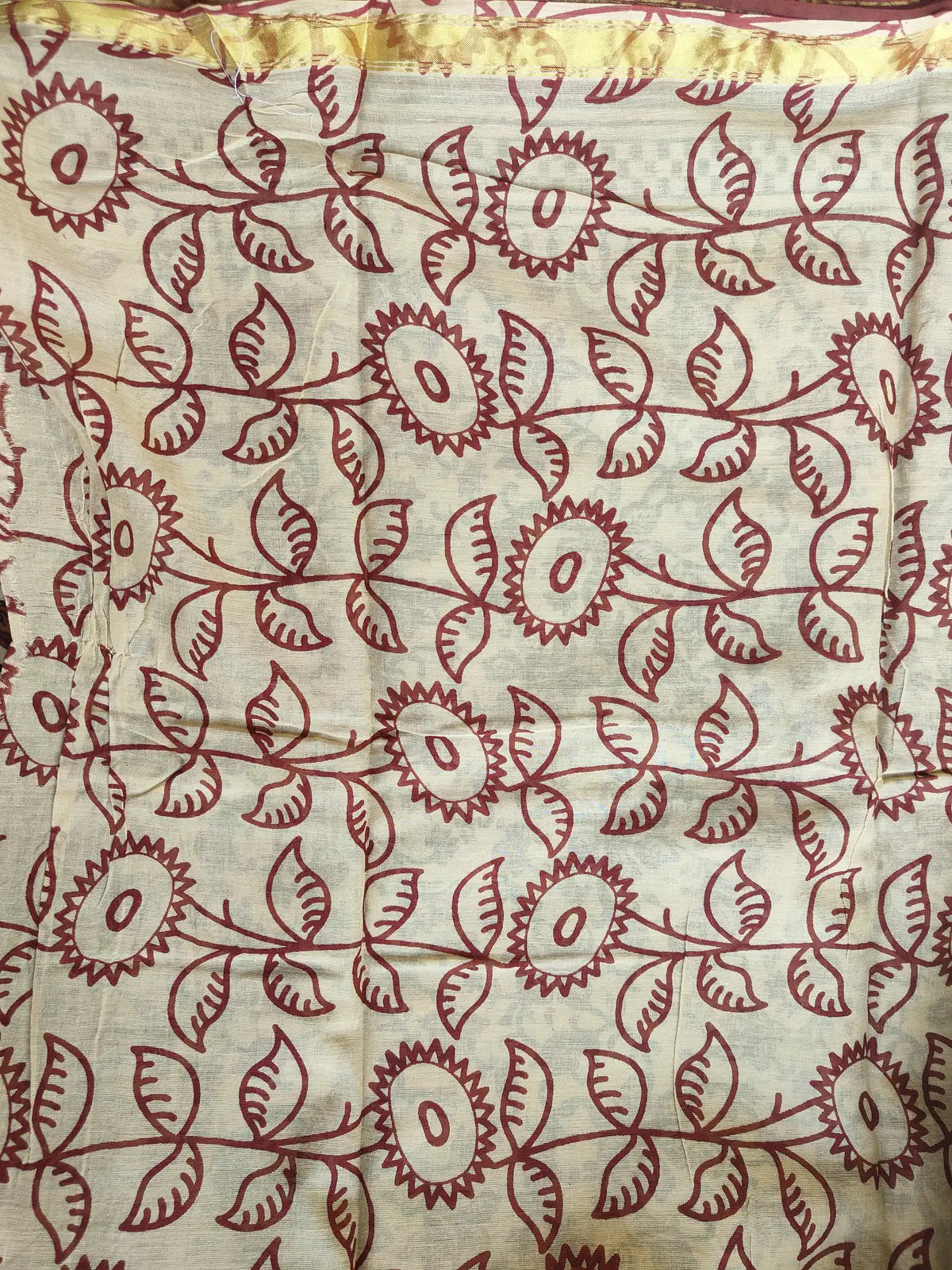 BEIGE AND RED AJRAKH CHANDERI COTTON SAREE