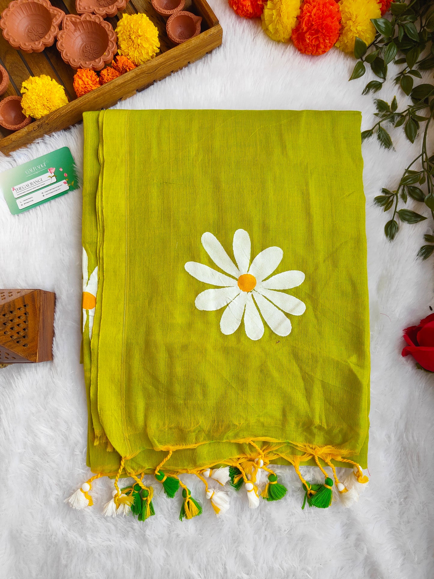 PARROT GREEN FLORAL HAND PAINTED MUL COTTON SAREE
