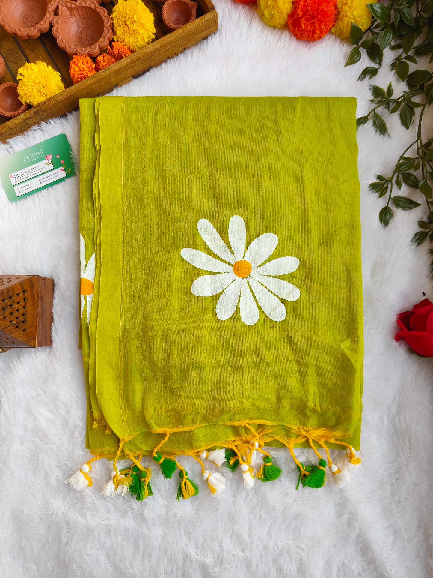 PARROT GREEN FLORAL HAND PAINTED MUL COTTON SAREE