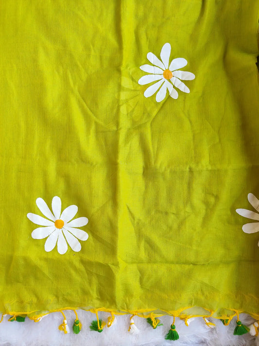 LEMON YELLOW FLORAL HAND PAINTED MUL COTTON SAREE