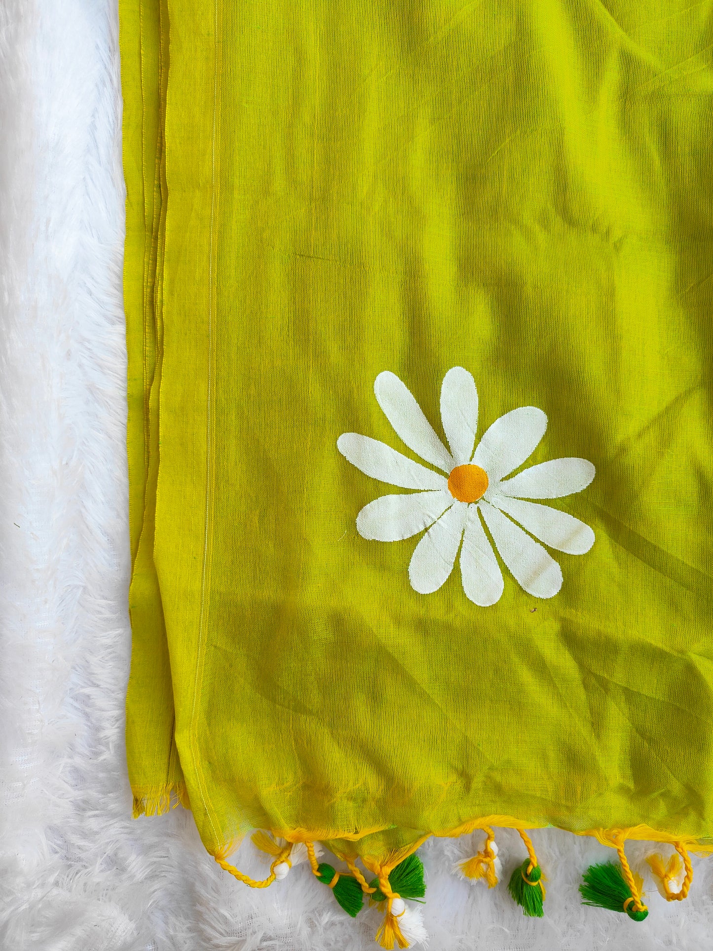 PARROT GREEN FLORAL HAND PAINTED MUL COTTON SAREE