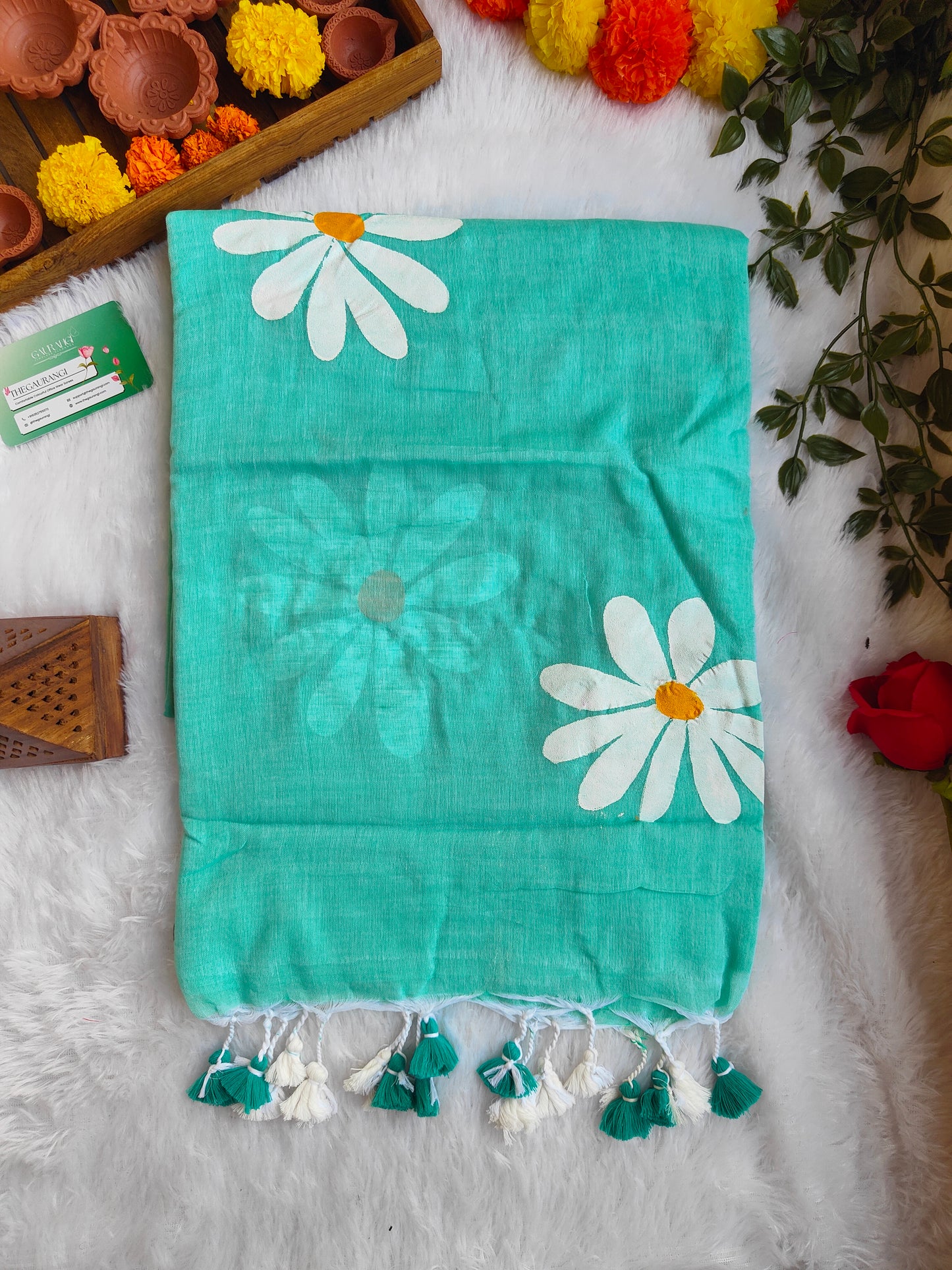 TURQUOISE BLUE FLORAL HAND PAINTED MUL COTTON SAREE