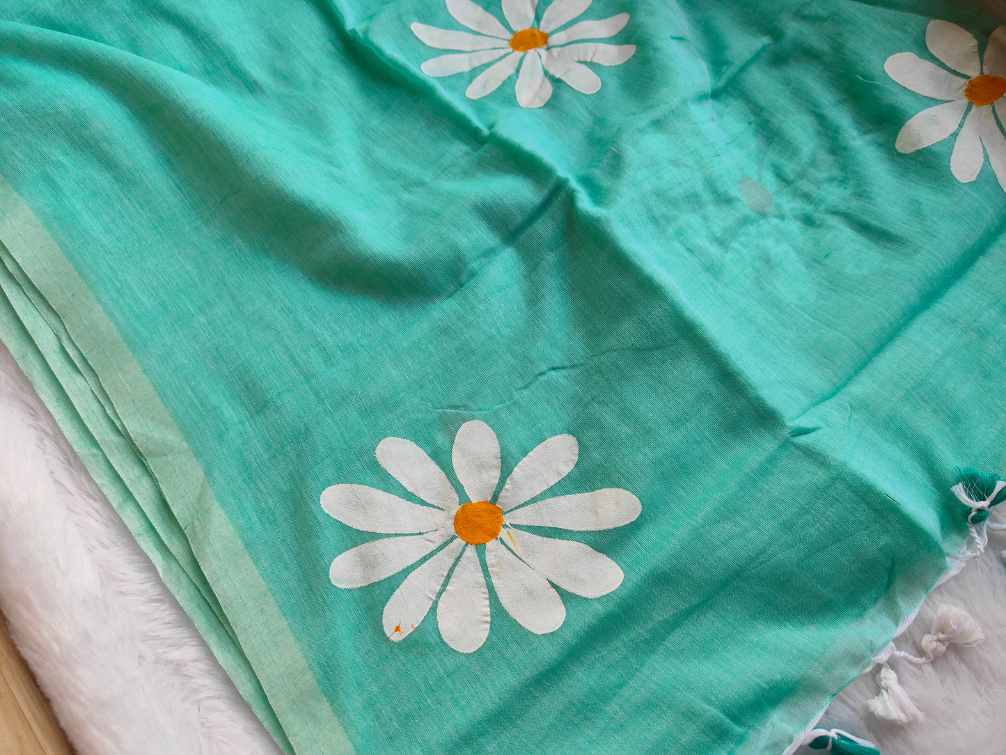 TURQUOISE BLUE FLORAL HAND PAINTED MUL COTTON SAREE