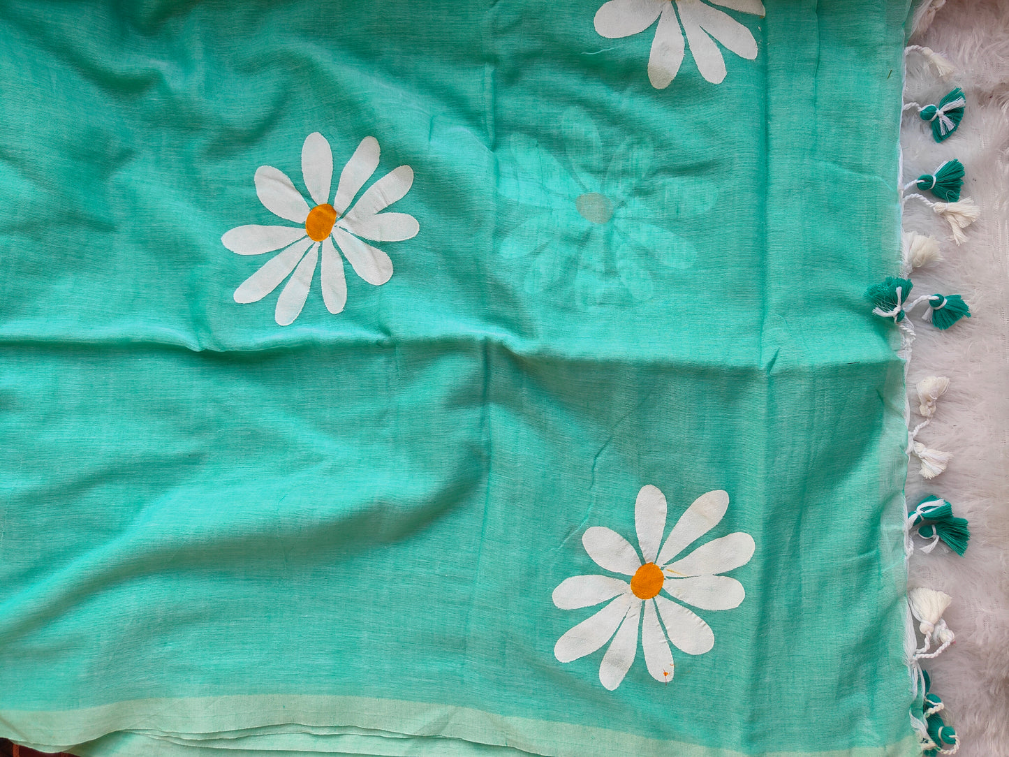 TURQUOISE BLUE FLORAL HAND PAINTED MUL COTTON SAREE