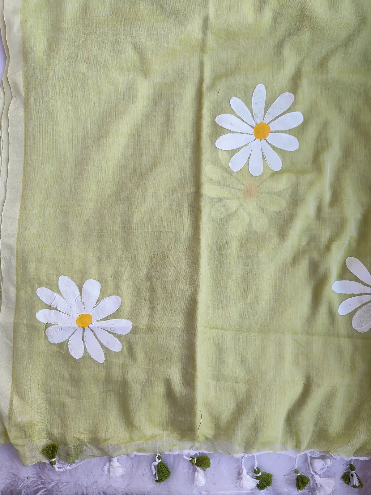 LIME GREEN FLORAL HAND PAINTED MUL COTTON SAREE
