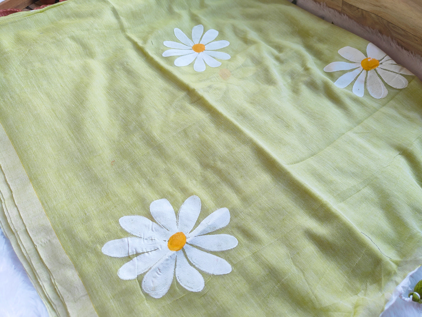 LIME GREEN FLORAL HAND PAINTED MUL COTTON SAREE