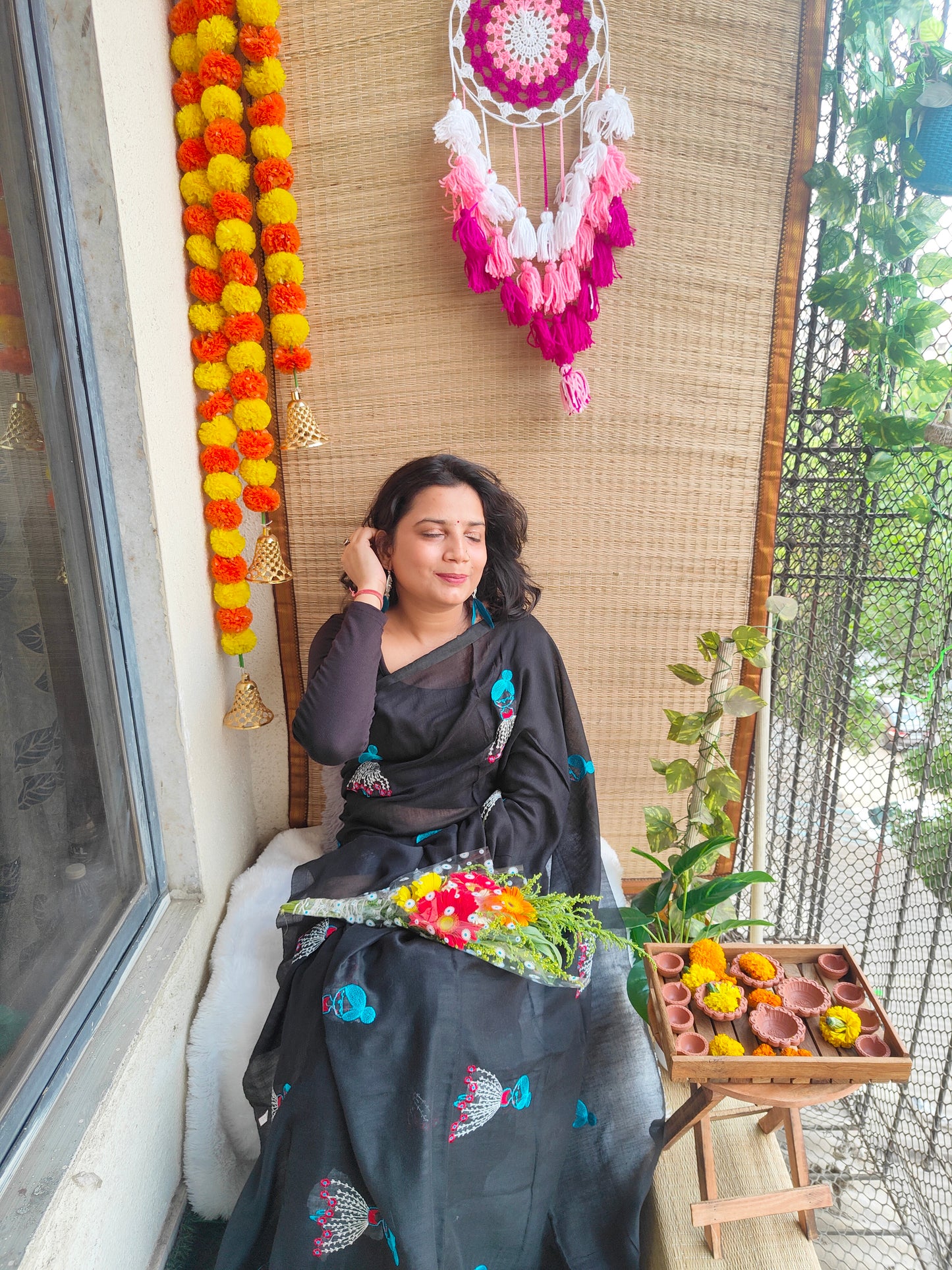 BLACK DOLL EMBROIDERED KHADI COTTON SAREE