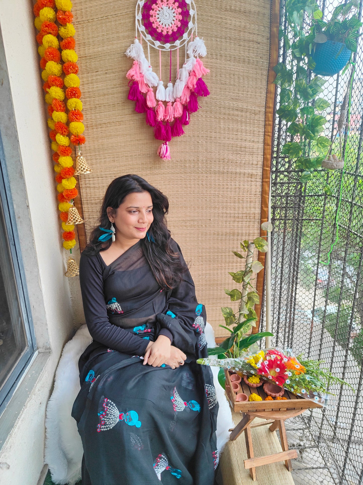 BLACK DOLL EMBROIDERED KHADI COTTON SAREE
