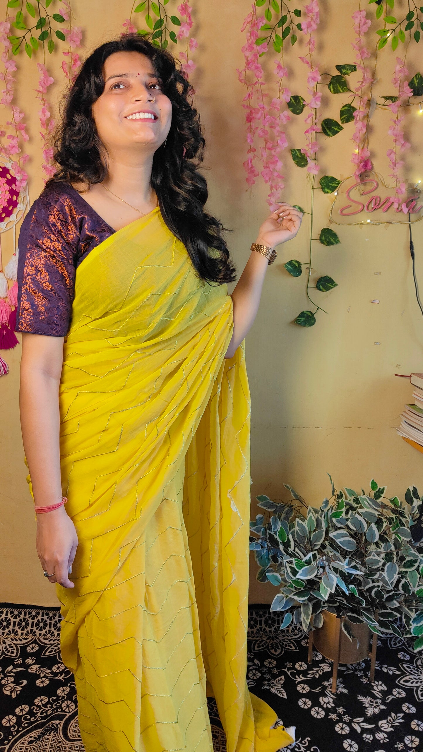 YELLOW ZIG ZAG MUL COTTON SAREE