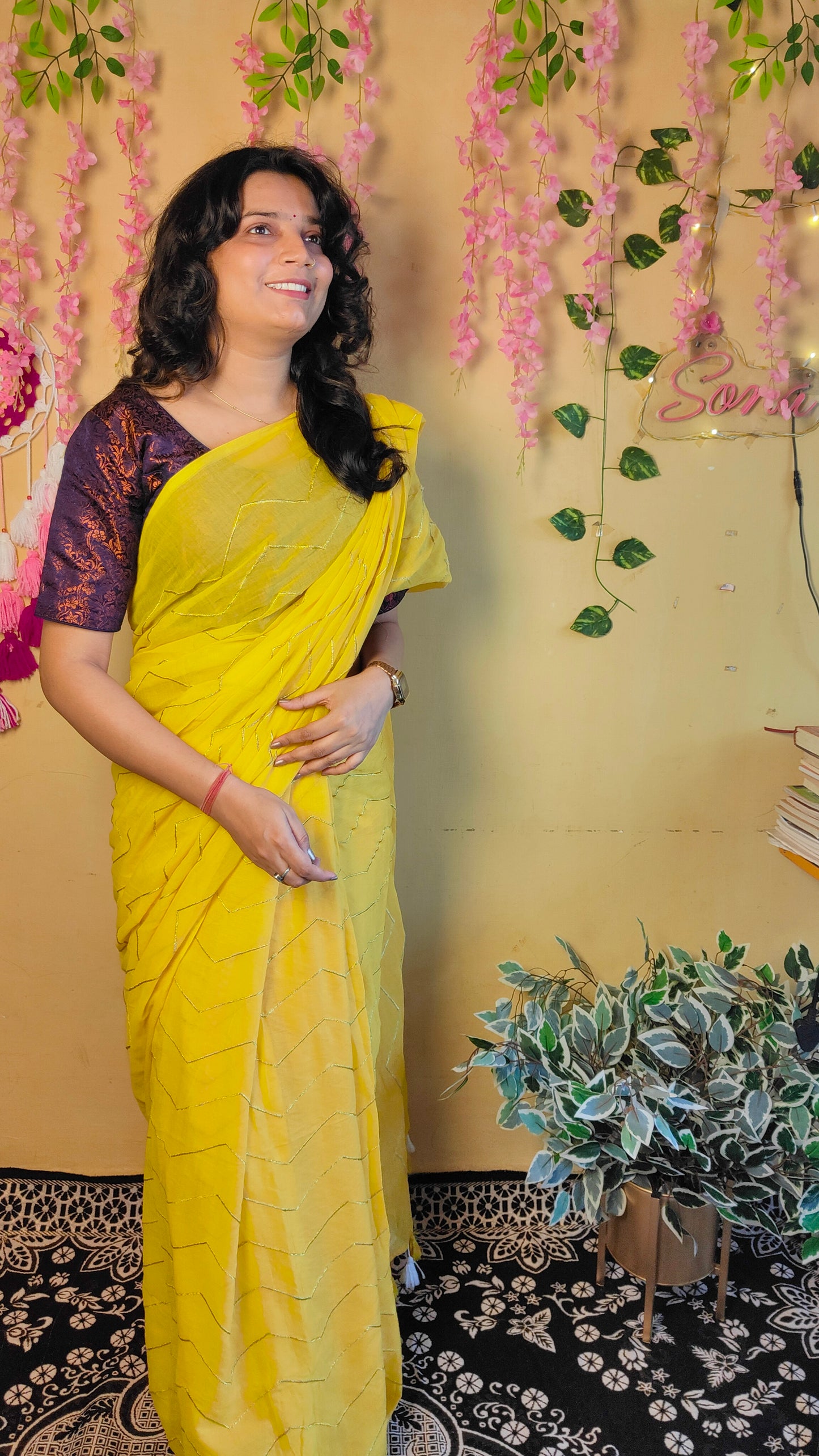 YELLOW ZIG ZAG MUL COTTON SAREE
