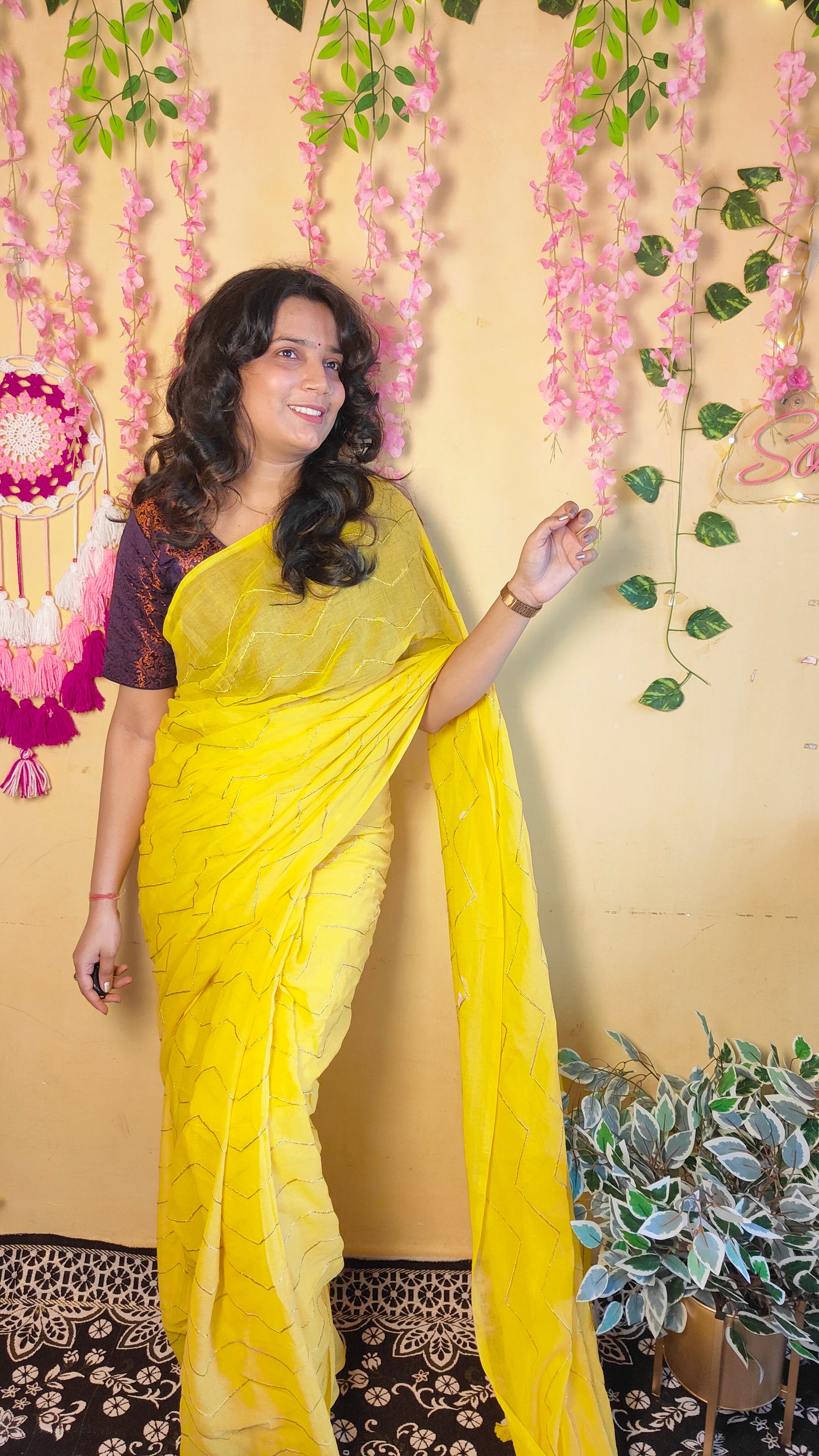 YELLOW ZIG ZAG MUL COTTON SAREE