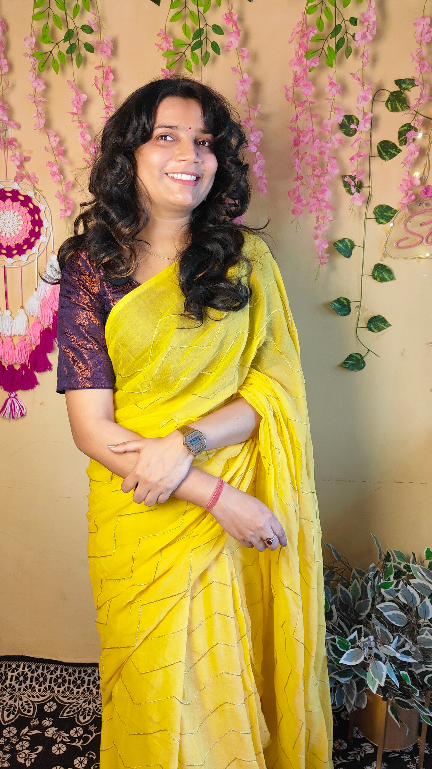 YELLOW ZIG ZAG MUL COTTON SAREE