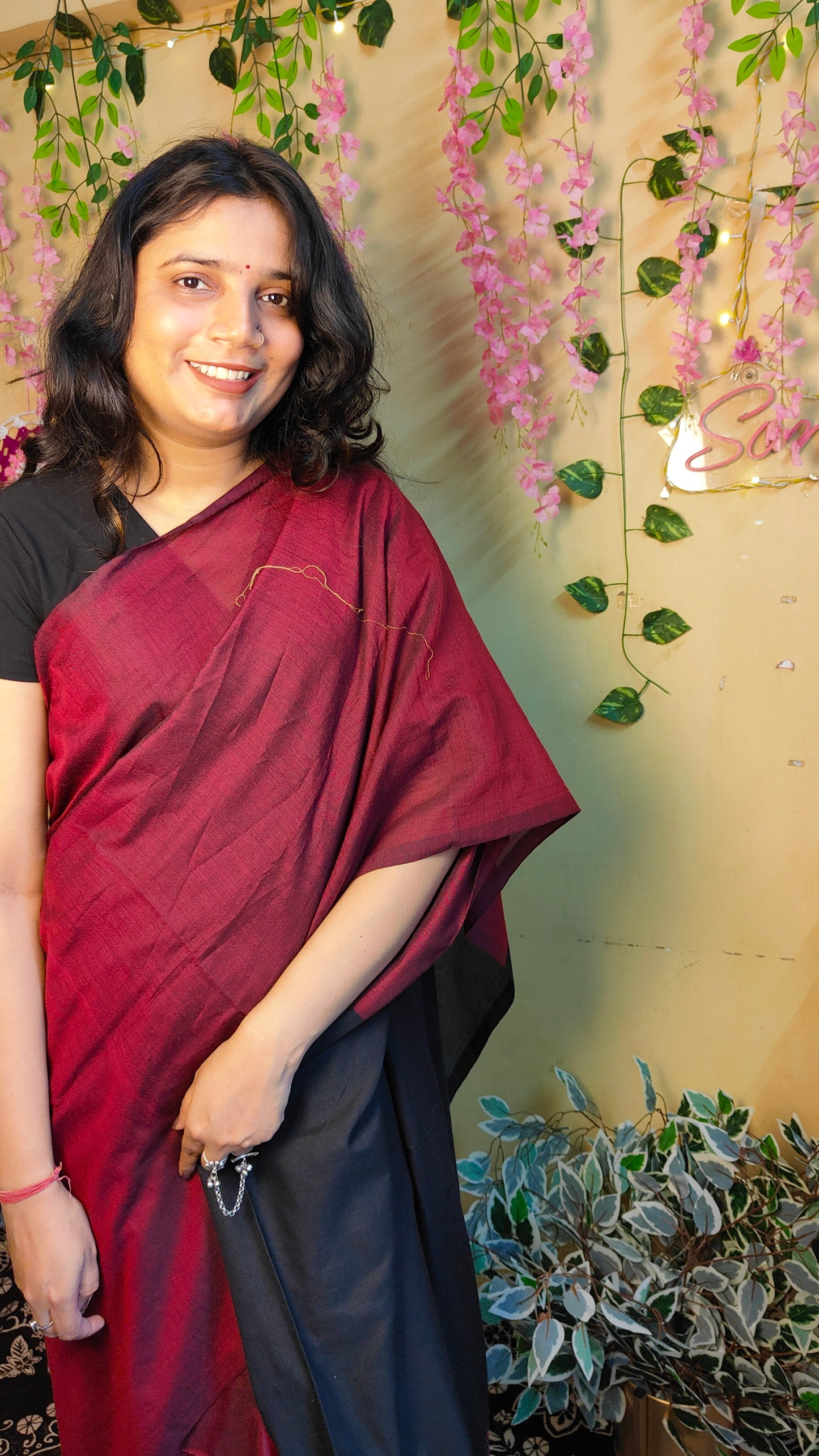 BLACK AND MAROON KHADI COTTON SAREE