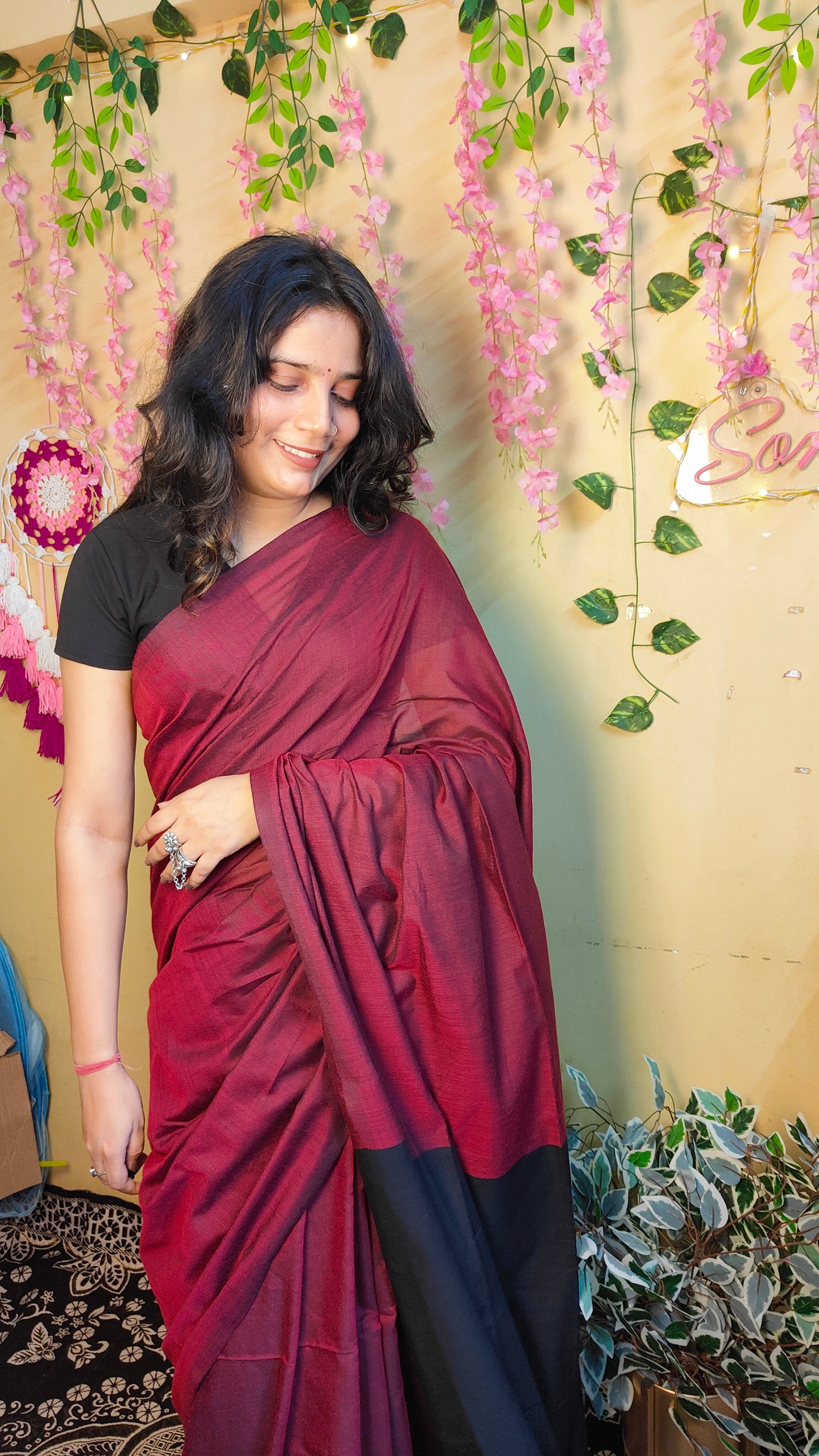 BLACK AND MAROON KHADI COTTON SAREE