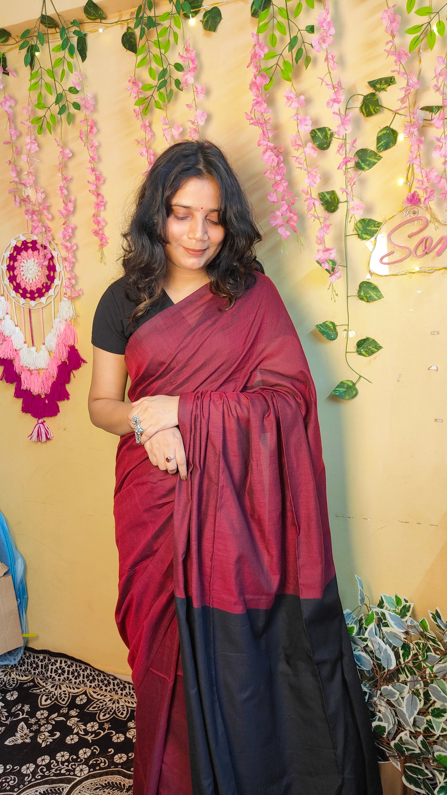 BLACK AND MAROON KHADI COTTON SAREE
