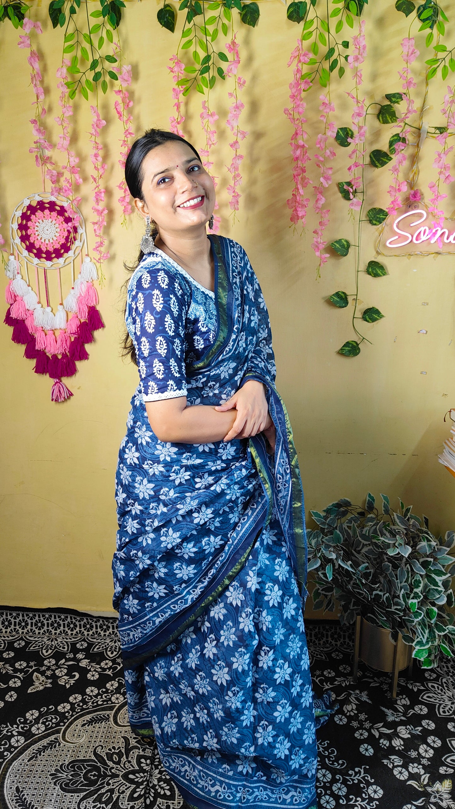 INDIGO AJRAKH CHANDERI COTTON SAREE