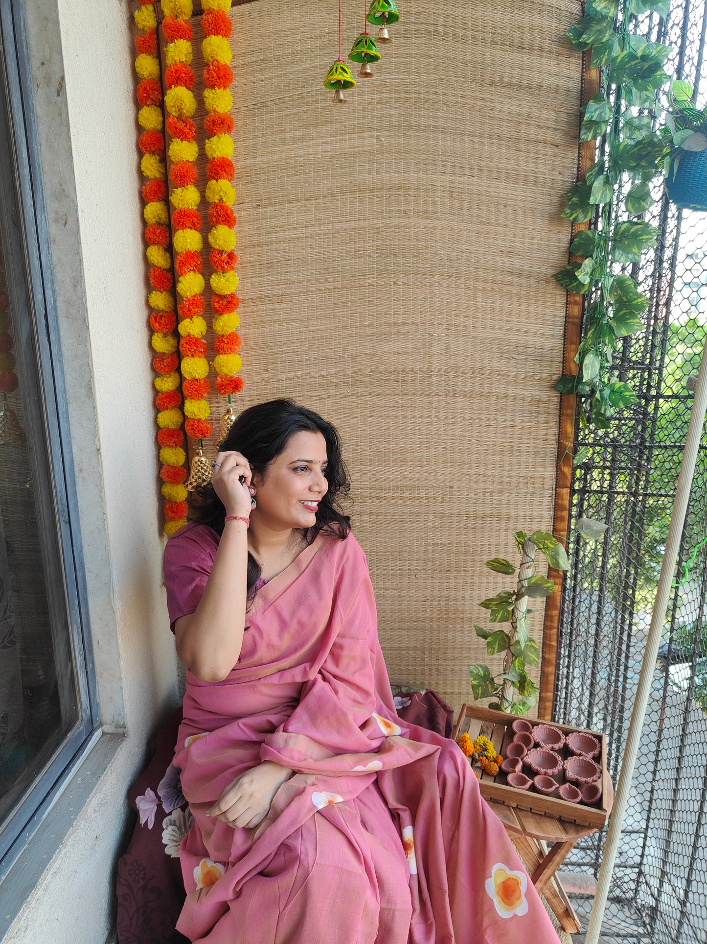 PEACH SUNFLOWER HAND PAINTED KHADI COTTON SAREE