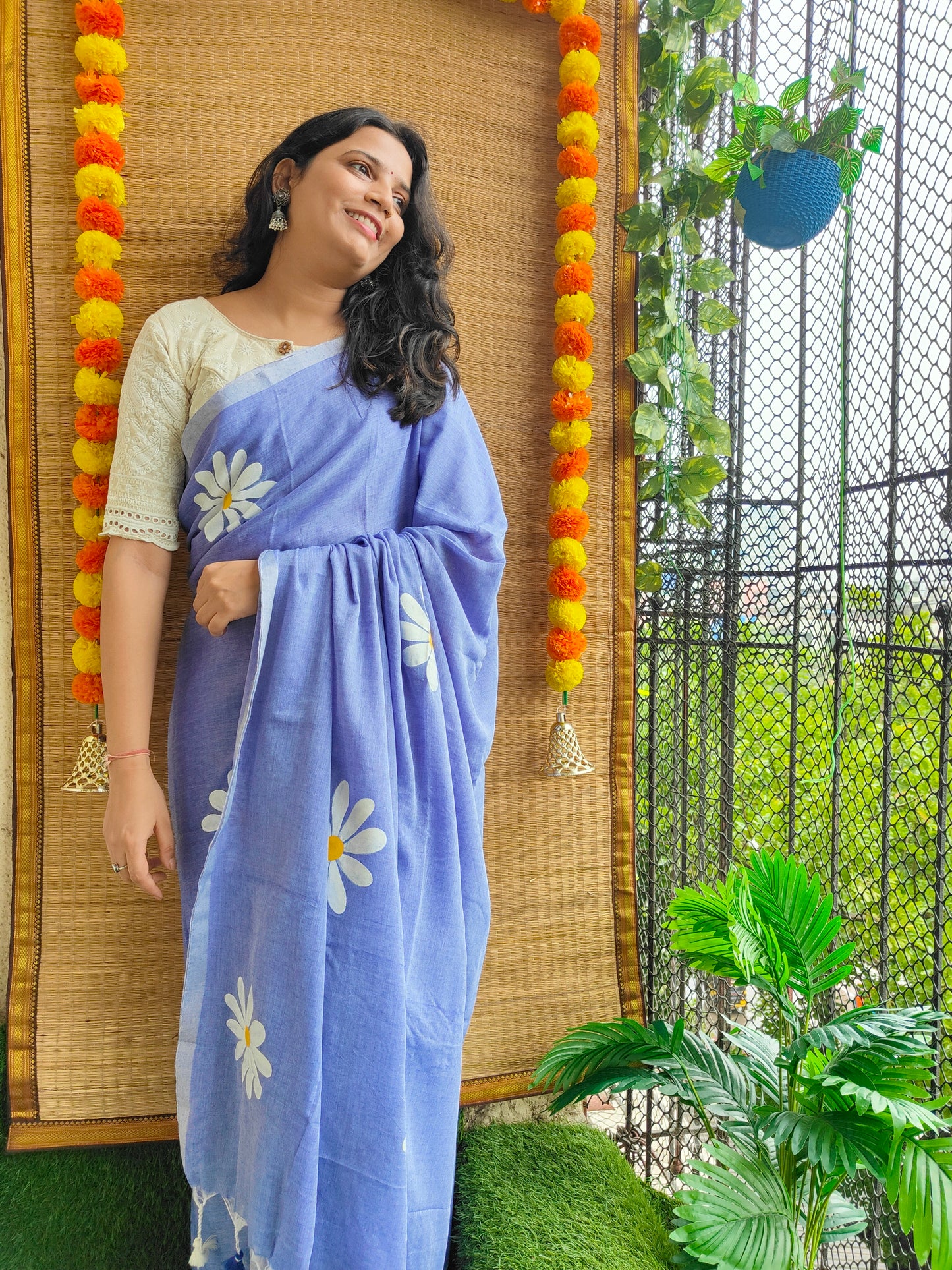 PURPLE FLORAL HAND PAINTED MUL COTTON SAREE