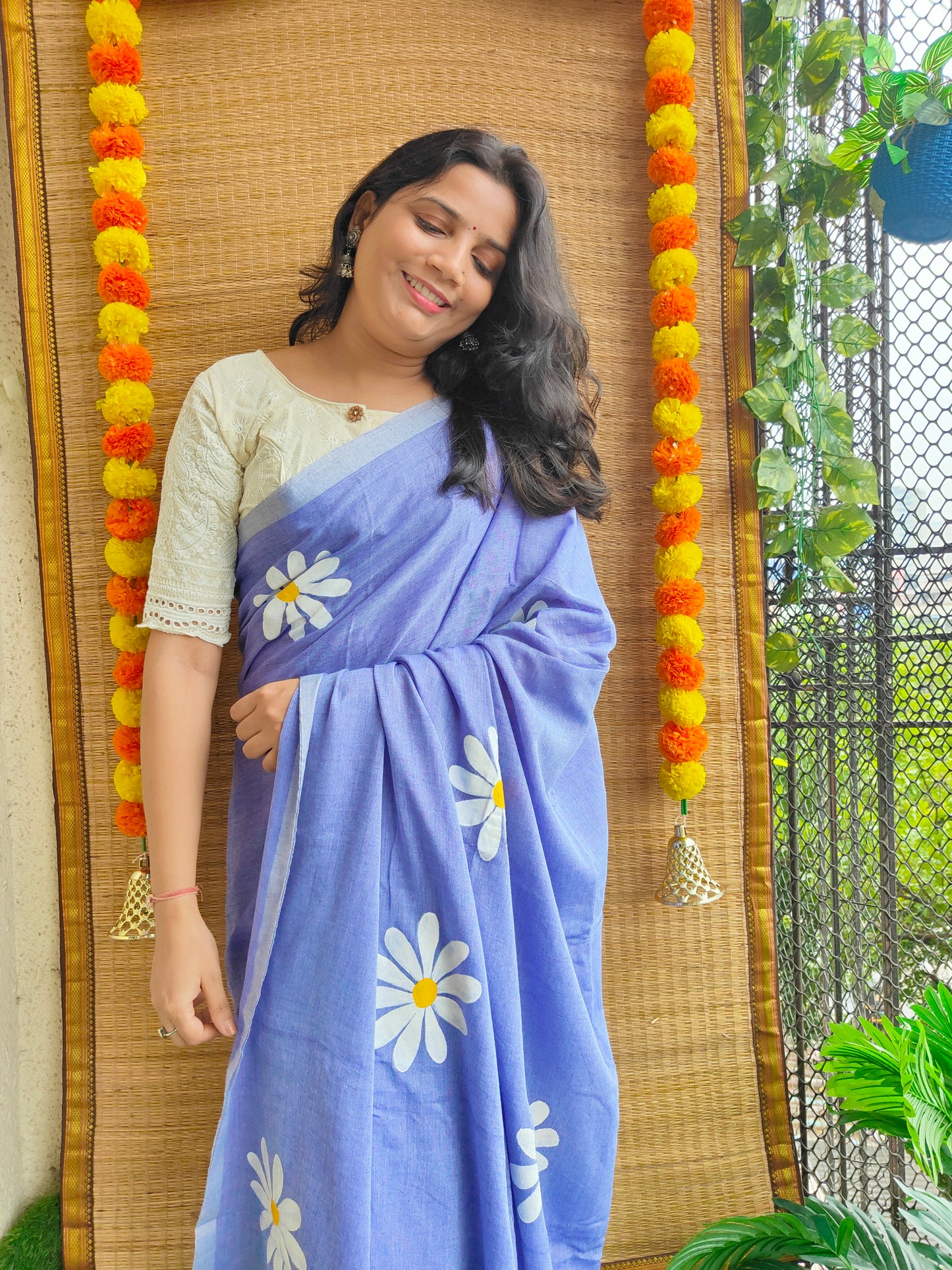 PURPLE FLORAL HAND PAINTED MUL COTTON SAREE