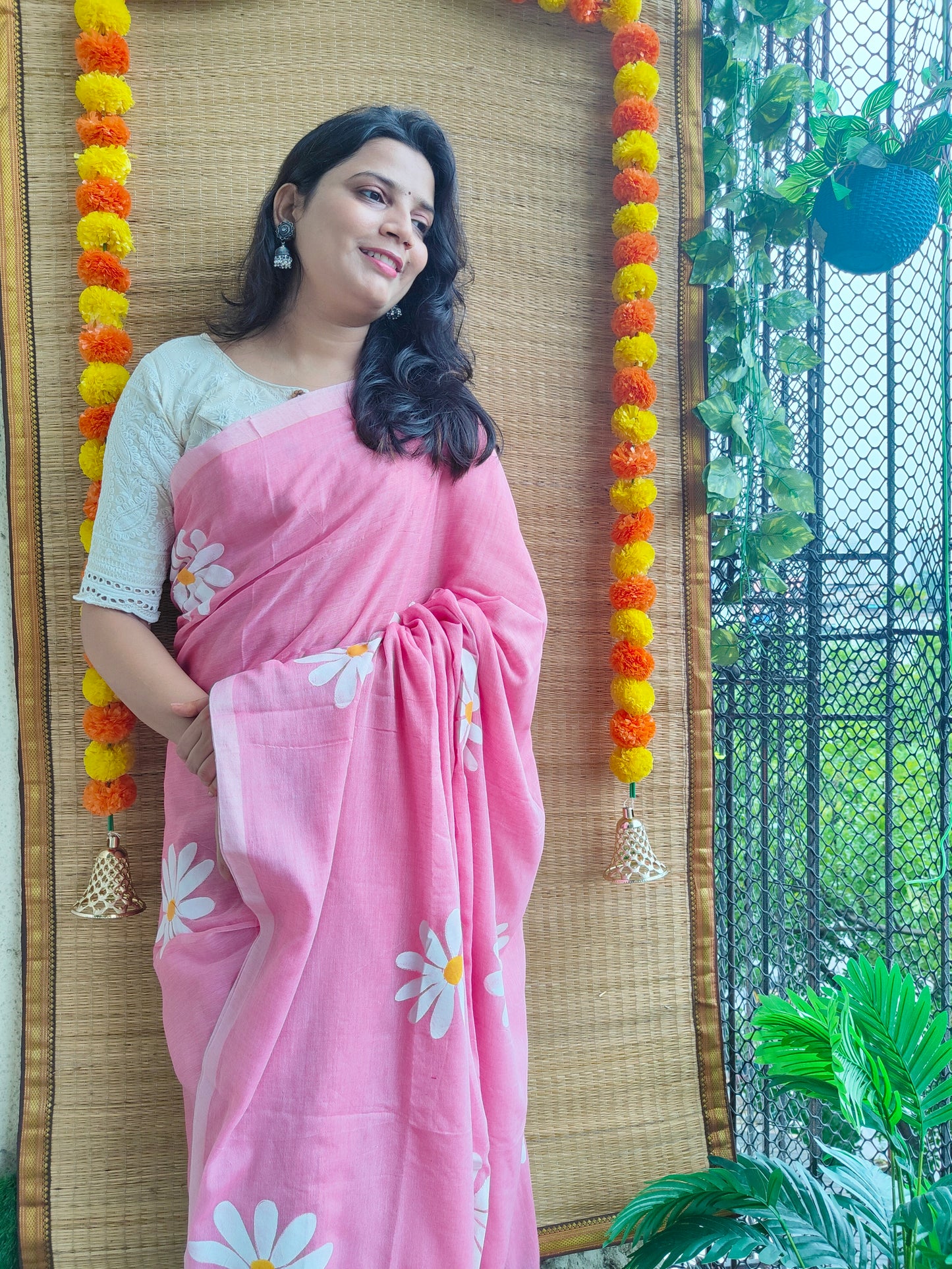 BABY PINK FLORAL HAND PAINTED MUL COTTON SAREE