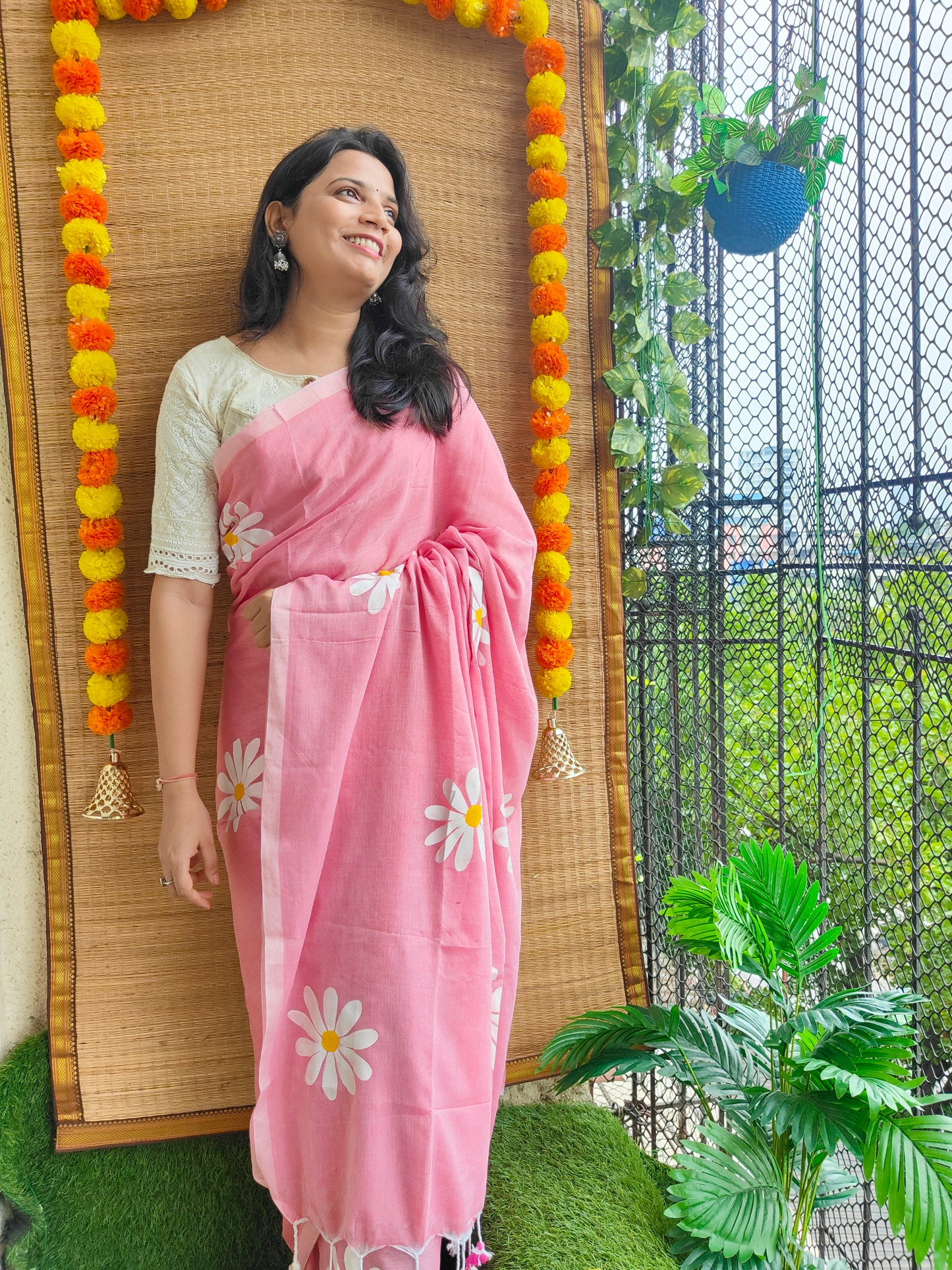 BABY PINK FLORAL HAND PAINTED MUL COTTON SAREE
