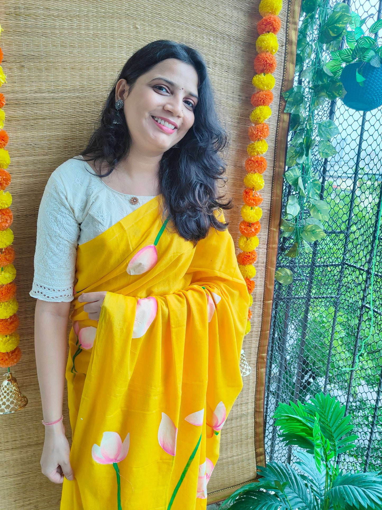 YELLOW LOTUS HAND PAINTED MUL COTTON SAREE