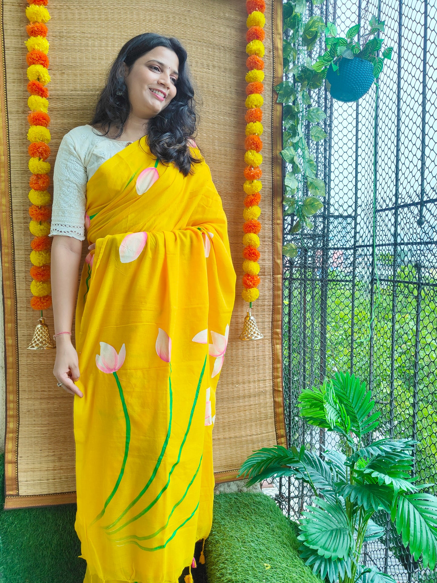 YELLOW LOTUS HAND PAINTED MUL COTTON SAREE