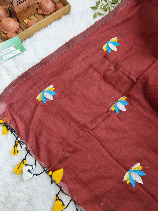 MAROON LOTUS EMBROIDERED MUL COTTON SAREE