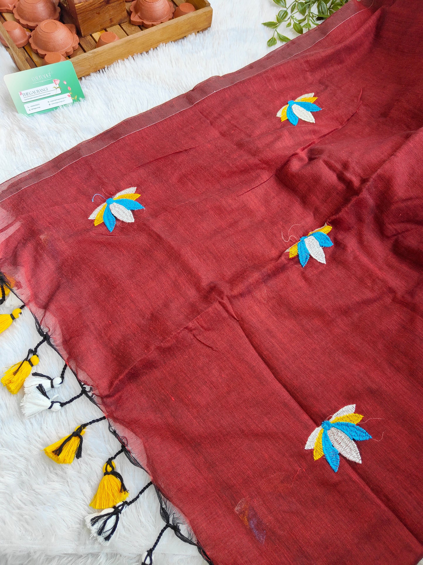 MAROON LOTUS EMBROIDERED MUL COTTON SAREE