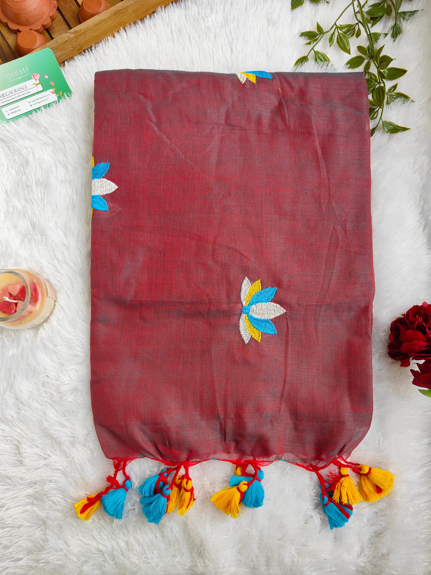 BROWN LOTUS EMBROIDERED MUL COTTON SAREE