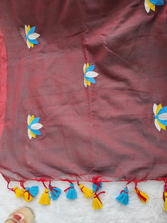 BROWN LOTUS EMBROIDERED MUL COTTON SAREE
