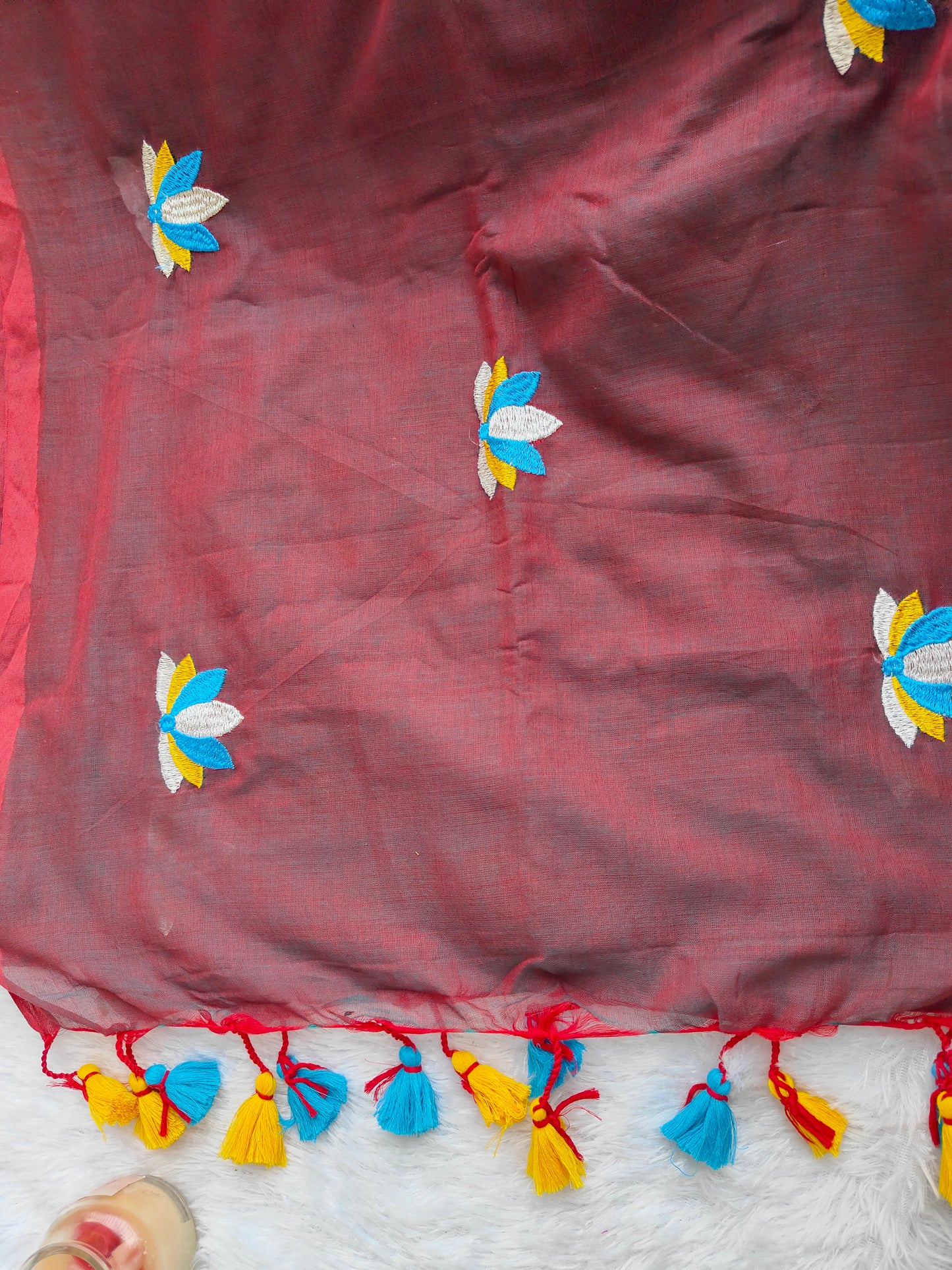 BROWN LOTUS EMBROIDERED MUL COTTON SAREE