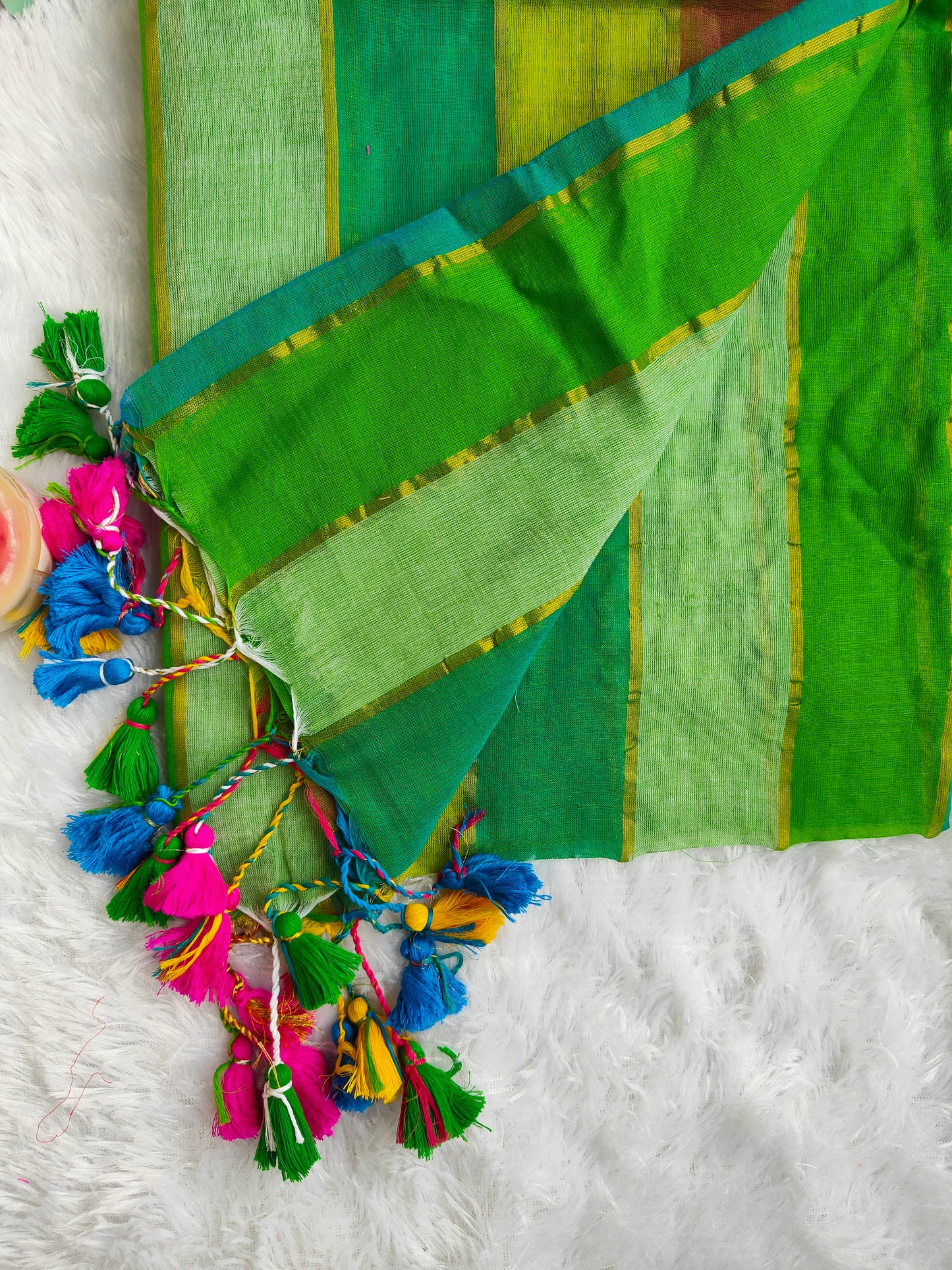 RAINBOW STRIPE GREEN MUL COTTON SAREE