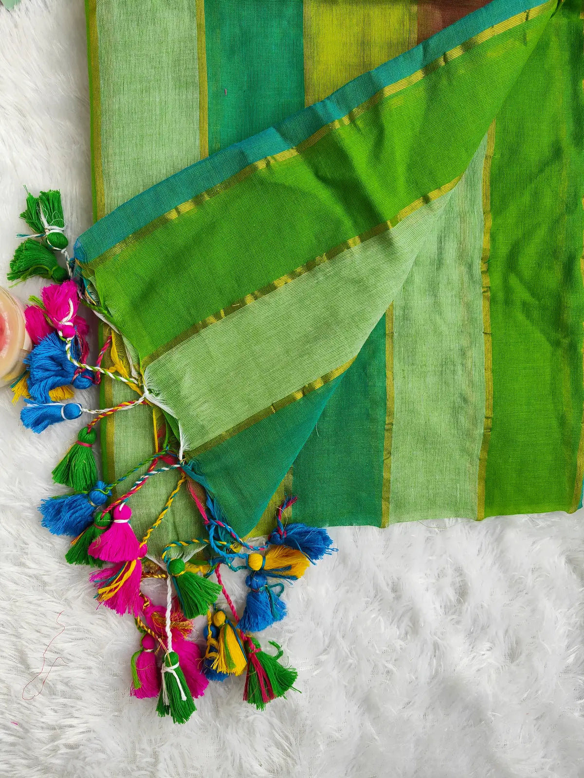 RAINBOW STRIPE GREEN MUL COTTON SAREE