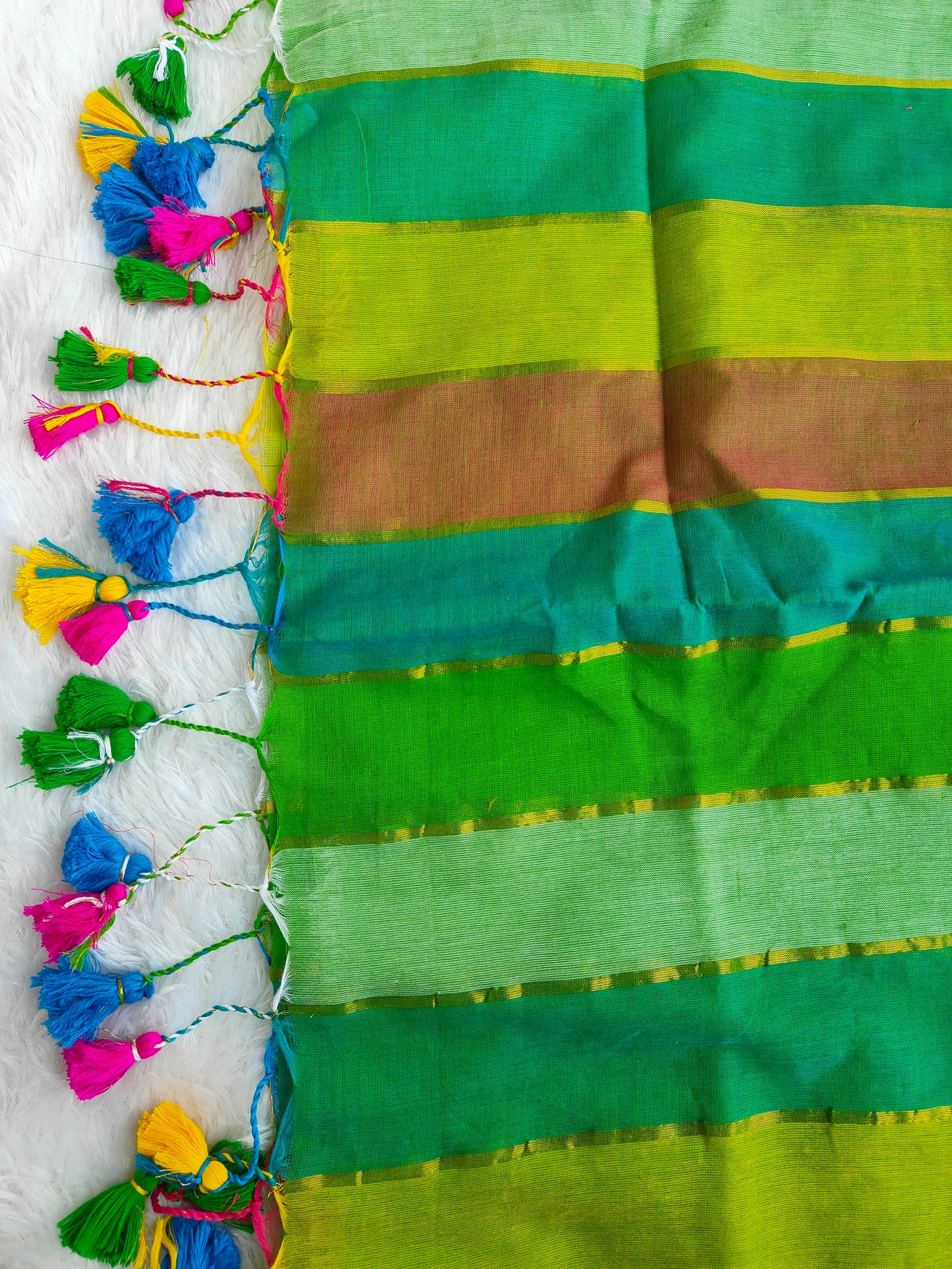 RAINBOW STRIPE GREEN MUL COTTON SAREE