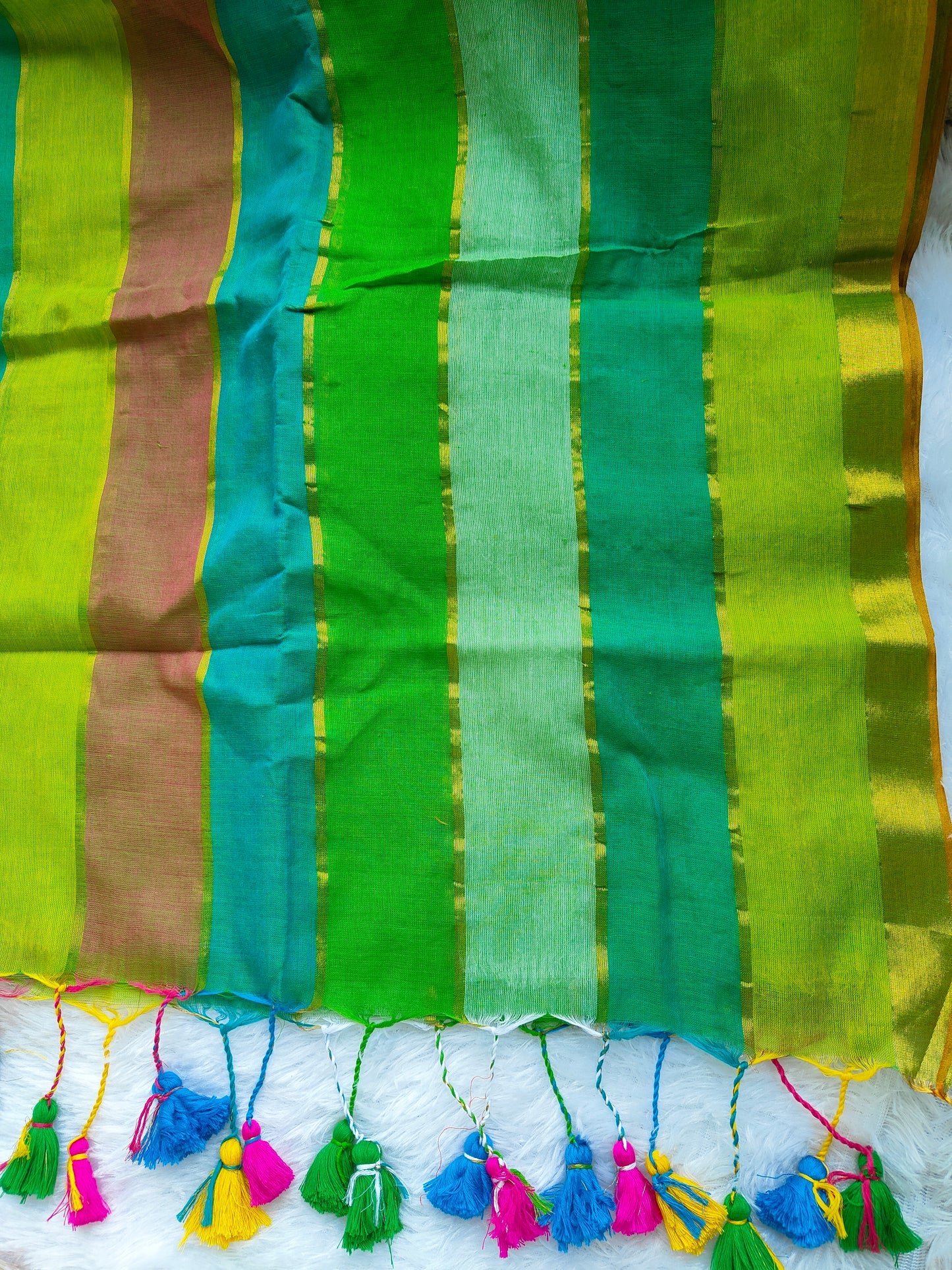 RAINBOW STRIPE GREEN MUL COTTON SAREE