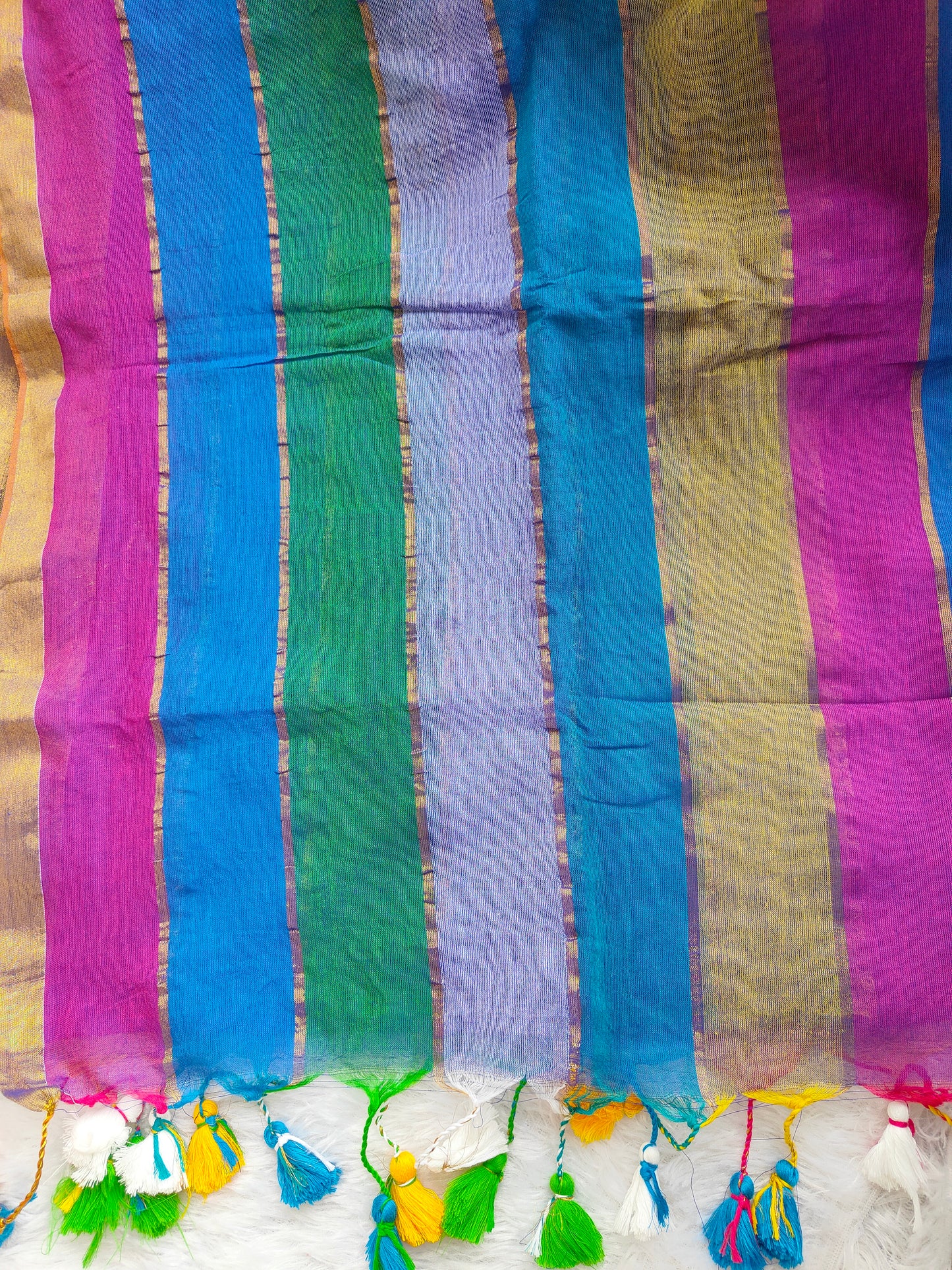RAINBOW STRIPE BLUE MUL COTTON SAREE