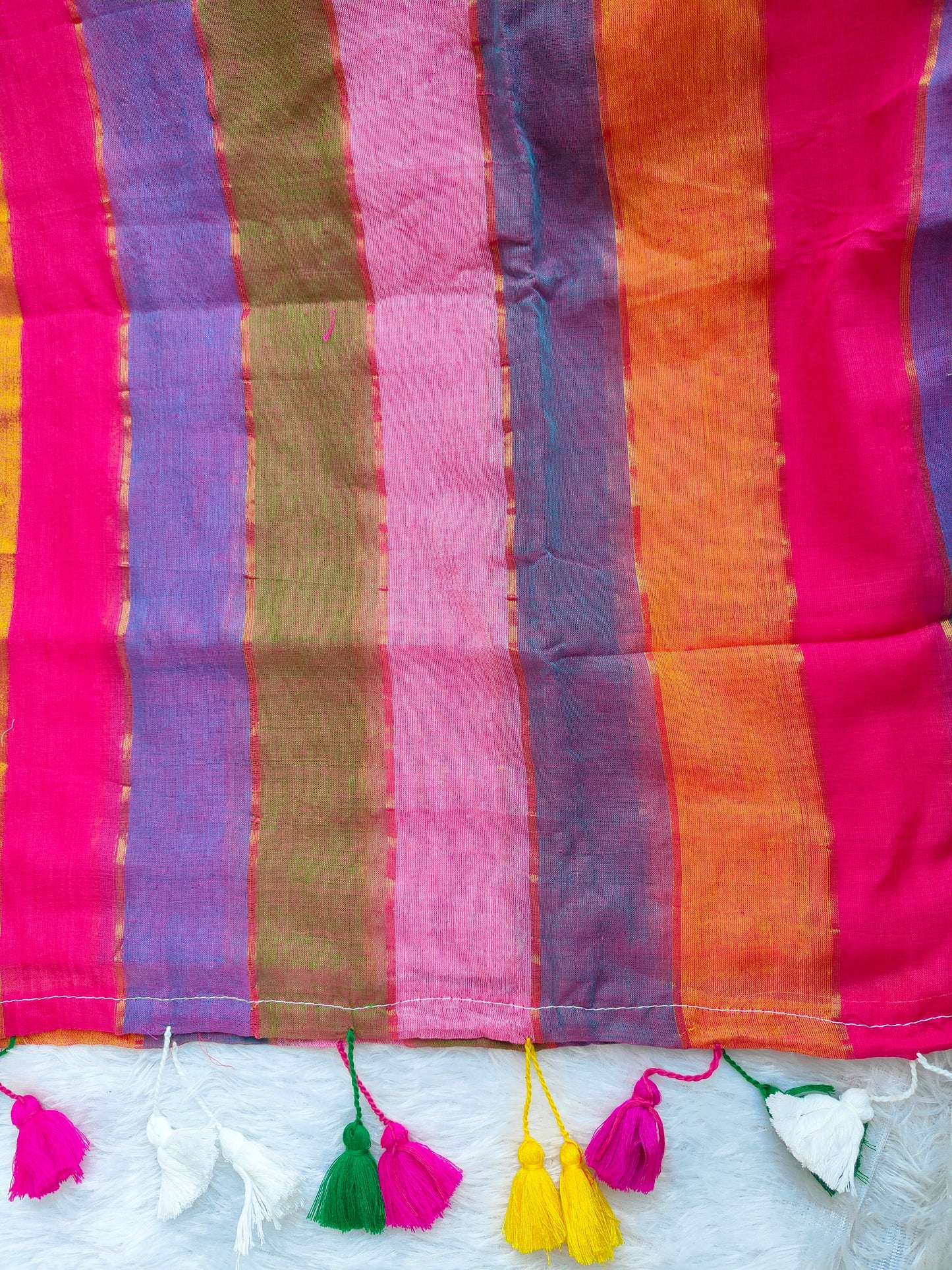 RAINBOW STRIPE PINK MUL COTTON SAREE