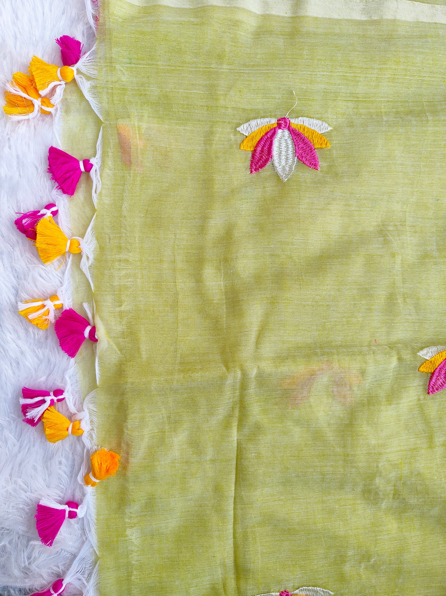 LIME LOTUS EMBROIDERED MUL COTTON SAREE