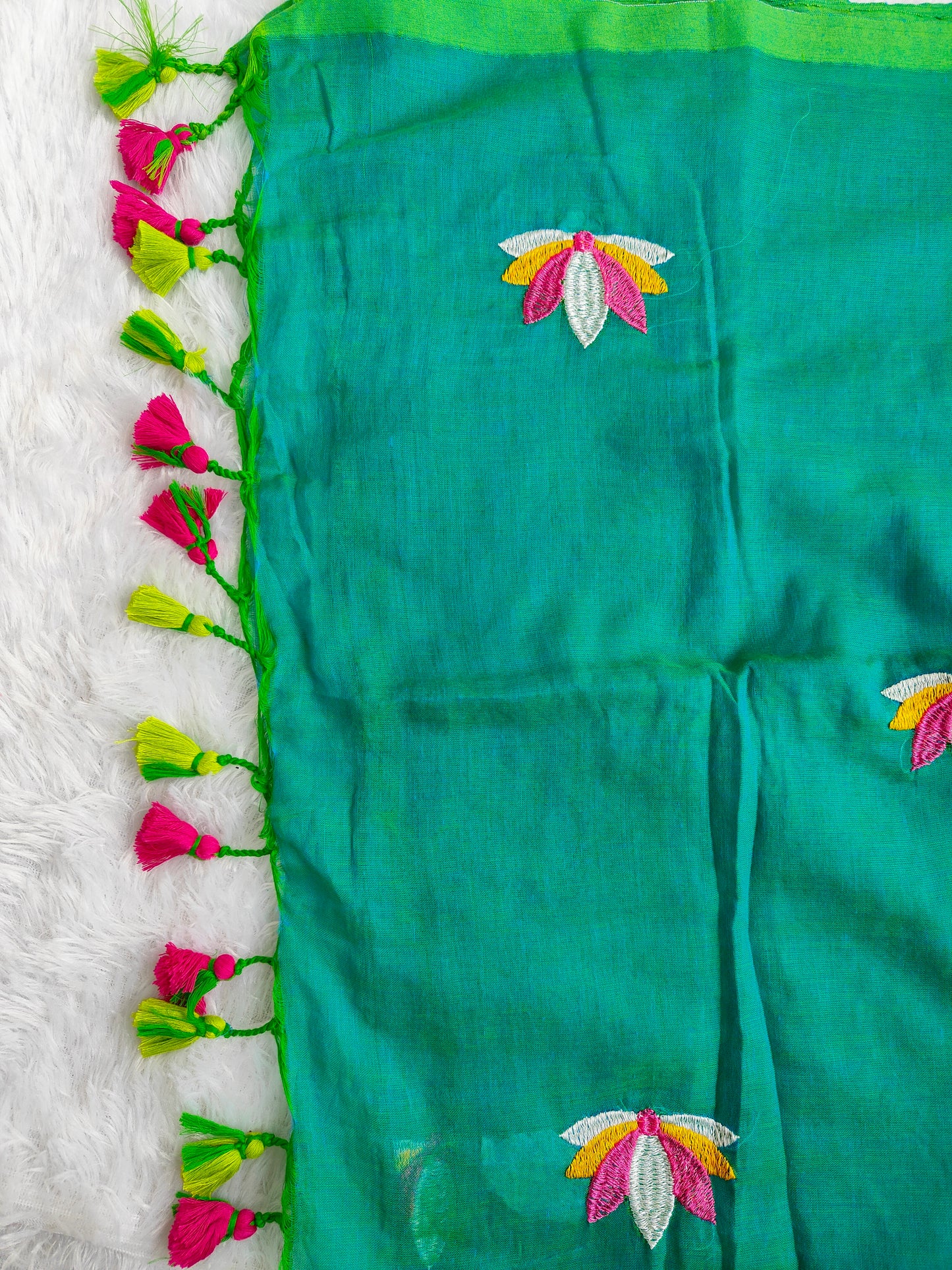 SEA GREEN LOTUS EMBROIDERED MUL COTTON SAREE