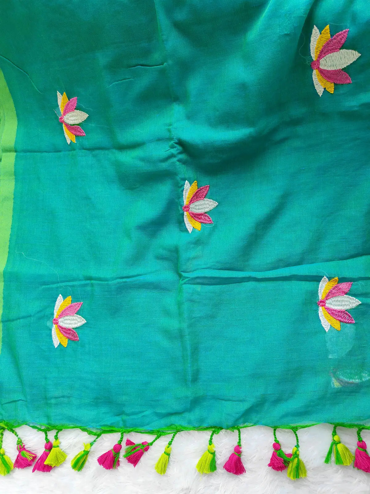 SEA GREEN LOTUS EMBROIDERED MUL COTTON SAREE