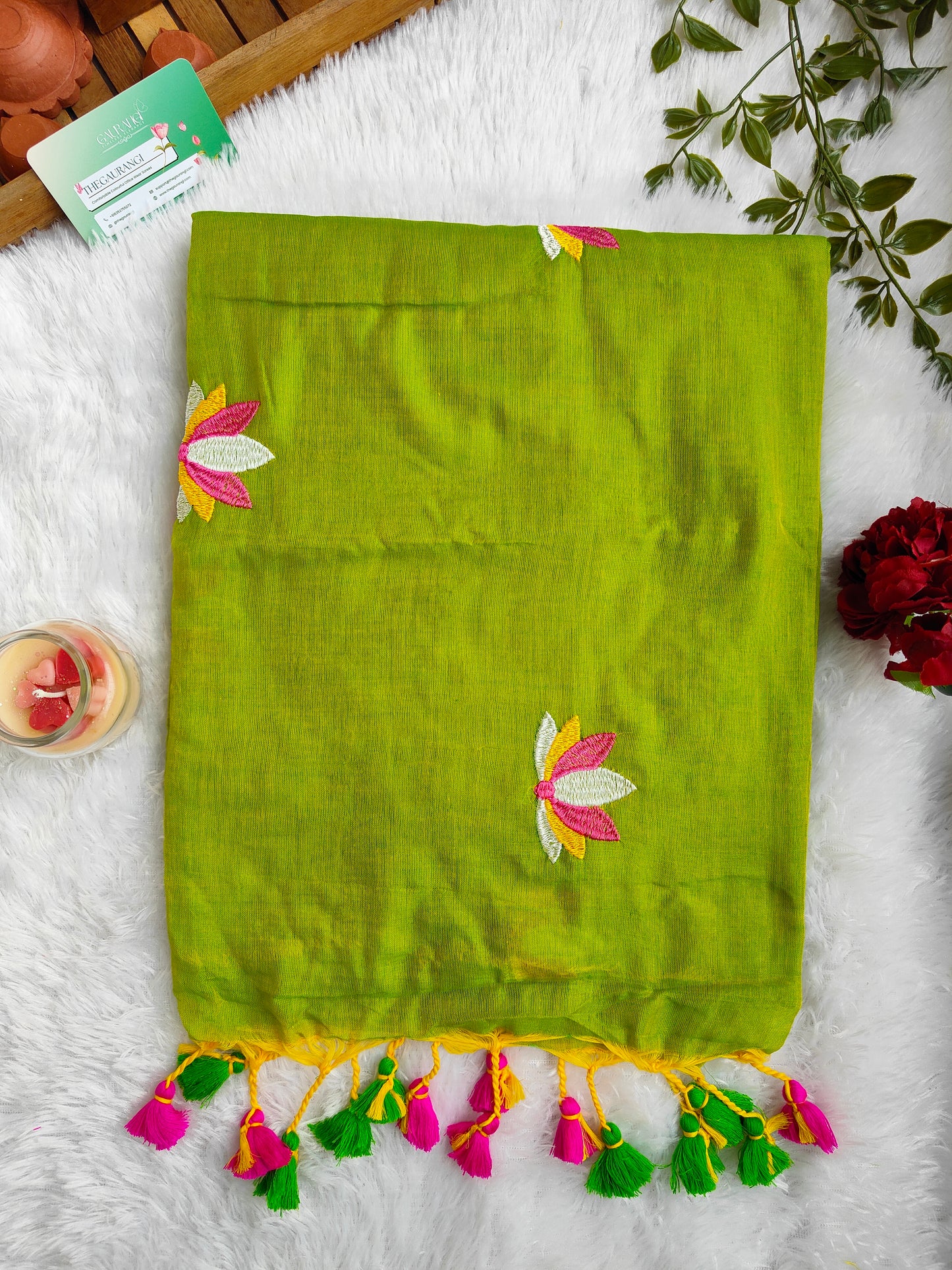 PARROT GREEN LOTUS EMBROIDERED MUL COTTON SAREE